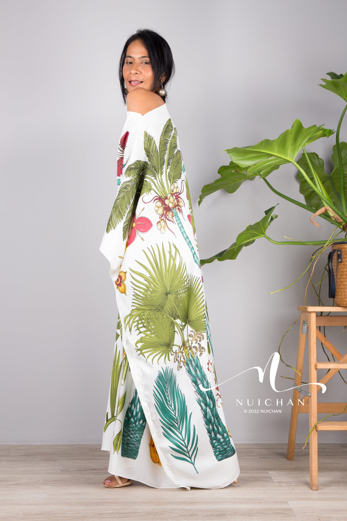 Nuichan women's silk white kaftan dress | Tropical print dress online