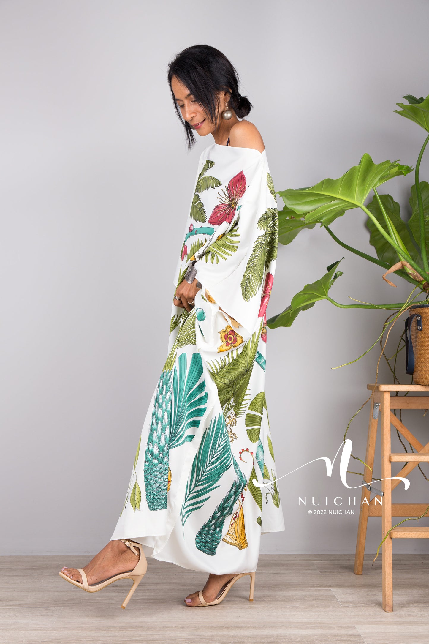 Nuichan women's silk white kaftan dress | Tropical print dress online
