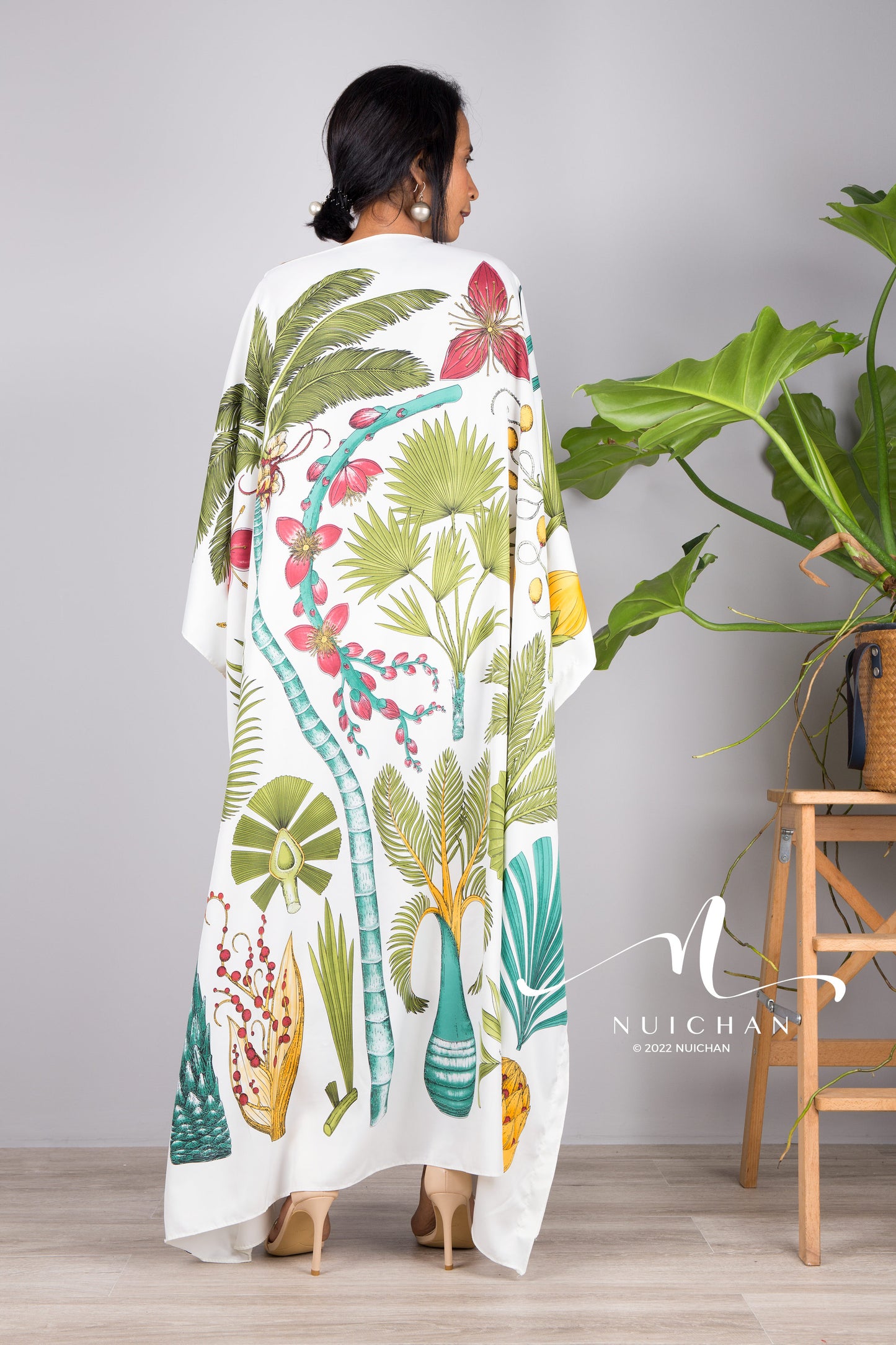 Nuichan women's silk white kaftan dress | Tropical print dress online