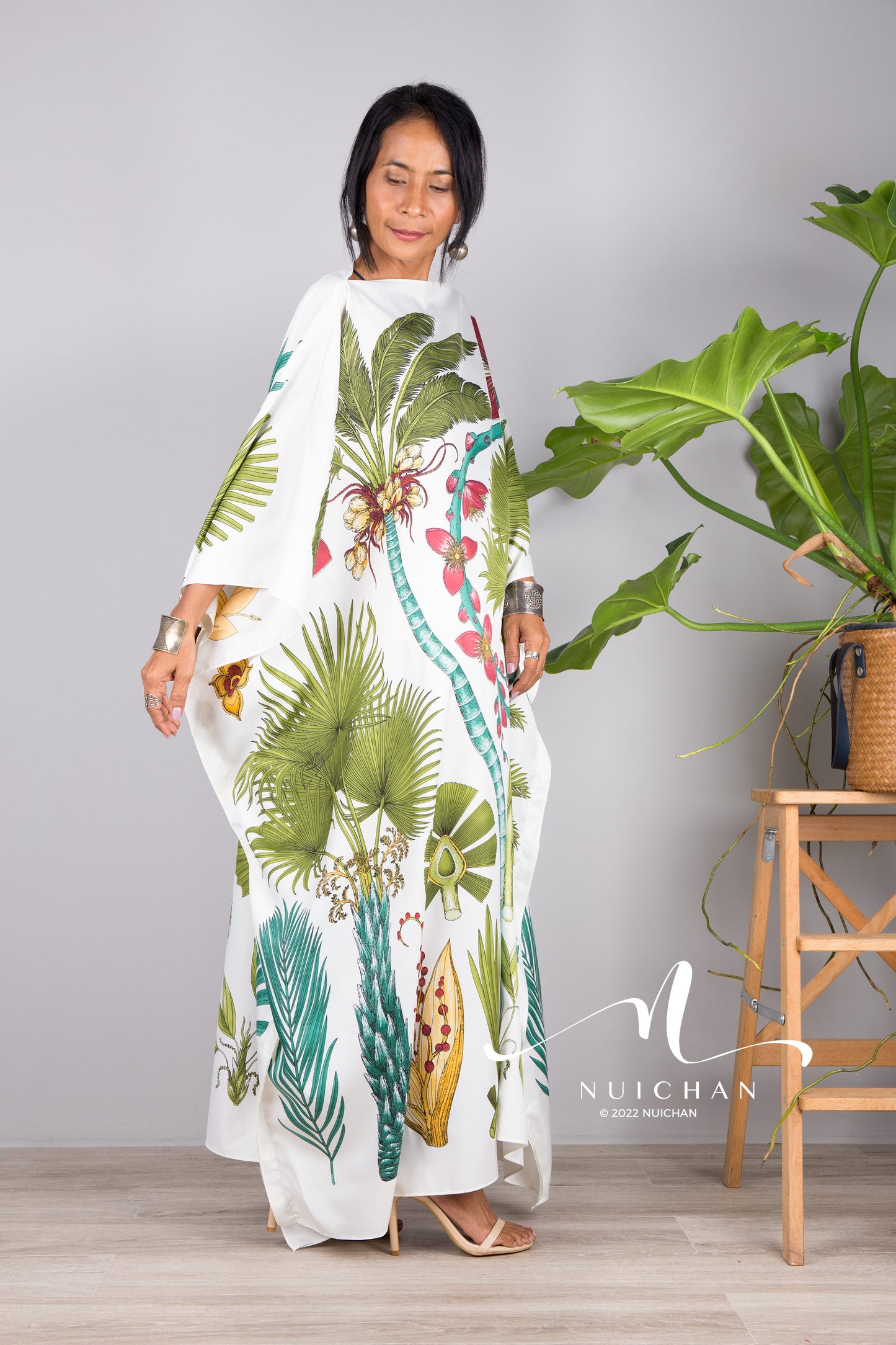 Nuichan women's silk white kaftan dress | Tropical print dress online