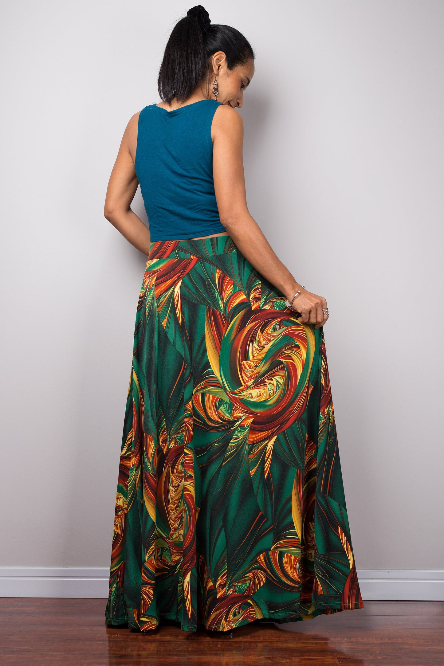 Vibrant Nuichan Floral Fiesta Maxi Skirt, spandex material, coral and yellow flowers, flowing style for summer 2025