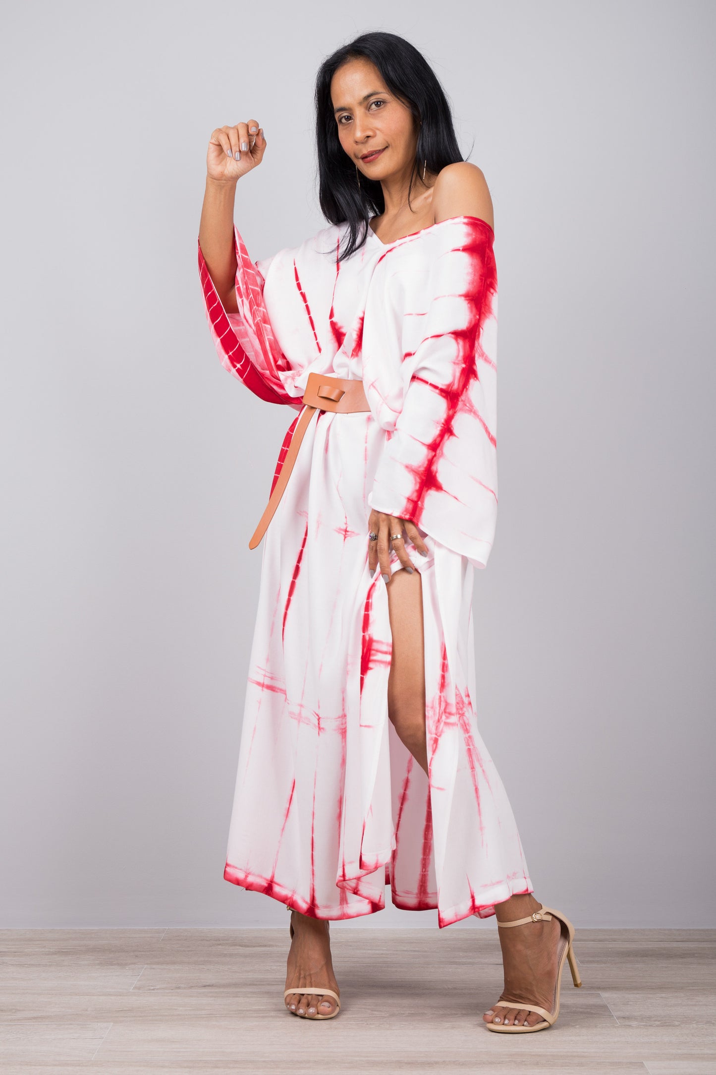 White and red tie dye kaftan dress. Split shown in bottom part of the dress