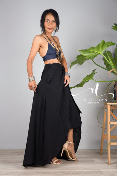 Nuichan women's cotton wrap skirt | Organic black cotton skirt