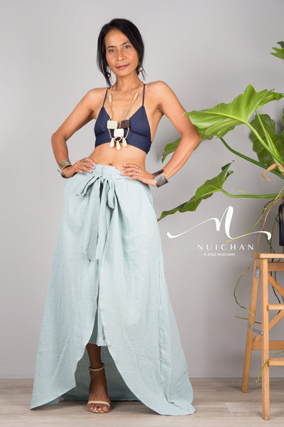 Nuichan women's cotton wrap skirt | Organic mint green cotton skirt