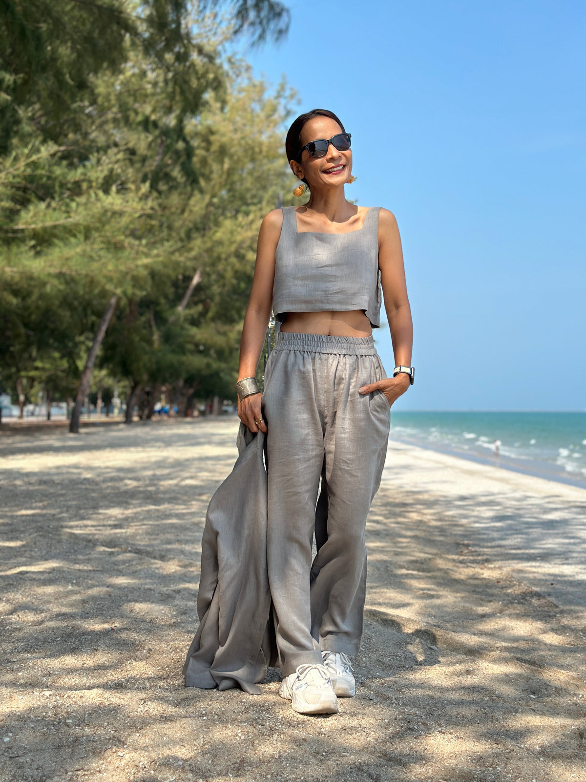 Leinen-Top, Blusenweste und Hosen-Set