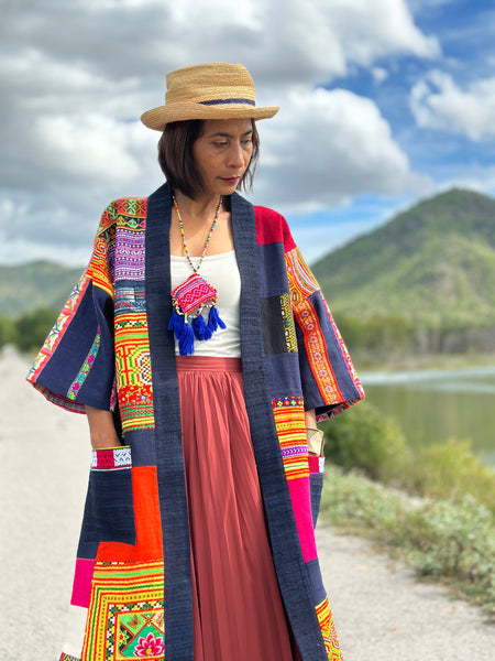 Patchwork coat | open front cardigan made from colorful vintage hill tribe fabrics