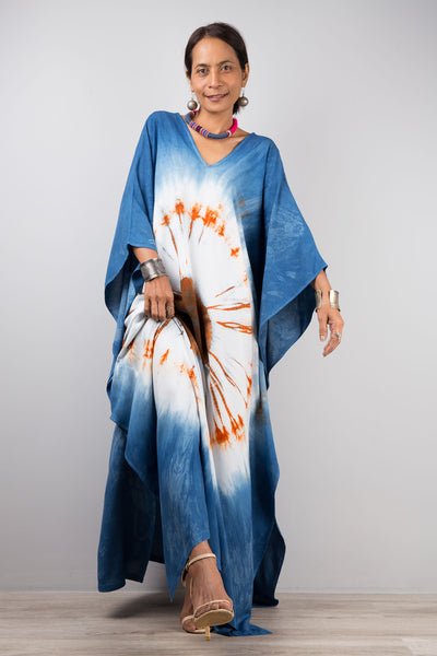 Indigo tie dye kaftan dress by Nuichan. Modern shibori dresses at affordable prices