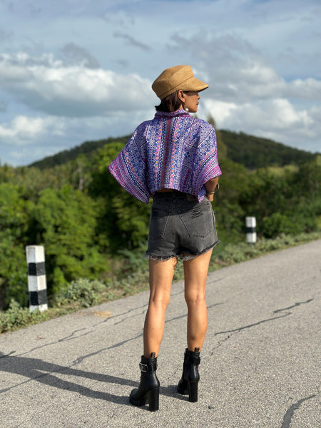 Purple kimono style top, crop top, cross front top, embroidered top, original hill tribe fabric, upcycled fabric design, loose fit boho top
