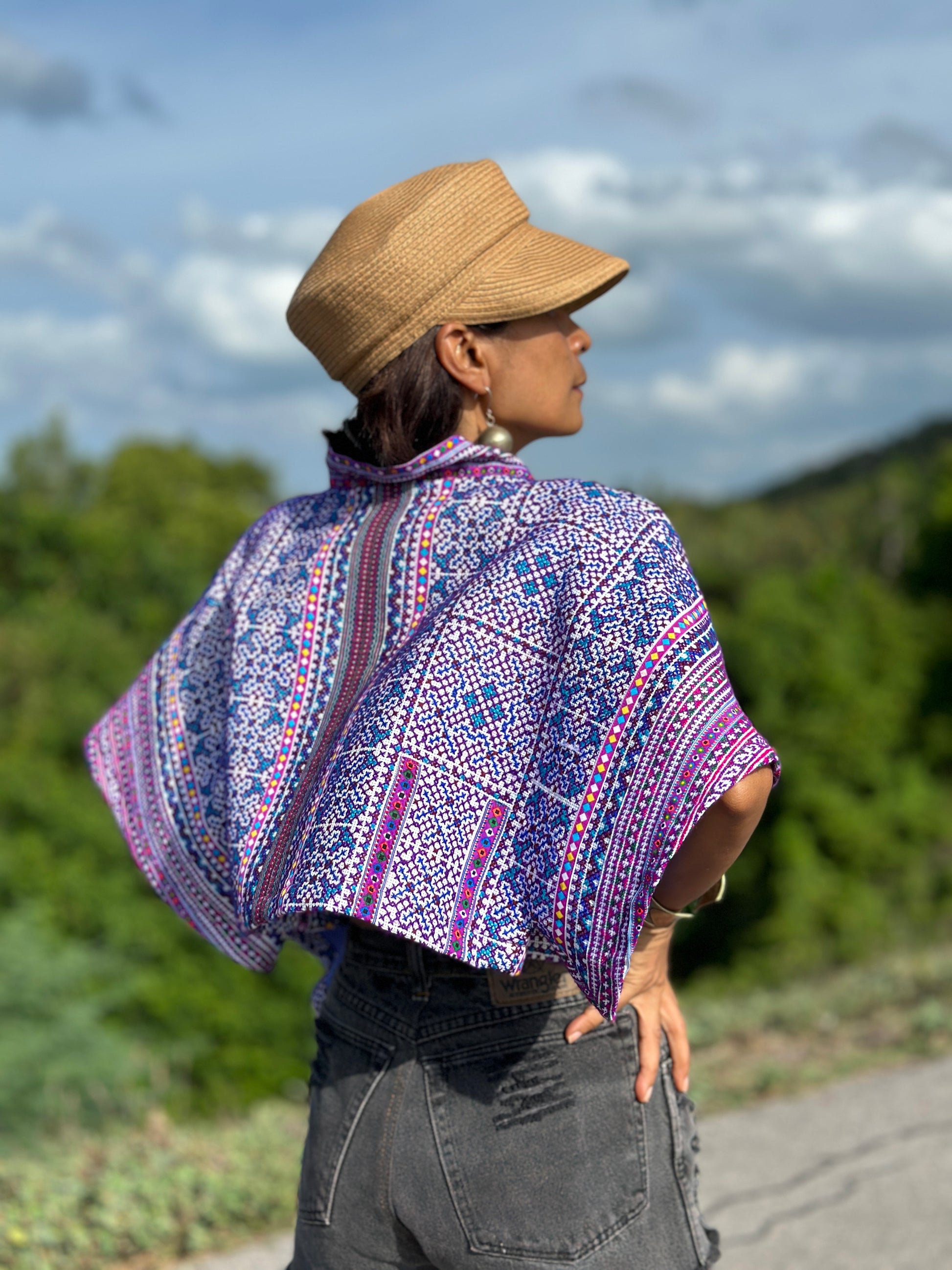 Purple kimono style top, crop top, cross front top, embroidered top, original hill tribe fabric, upcycled fabric design, loose fit boho top