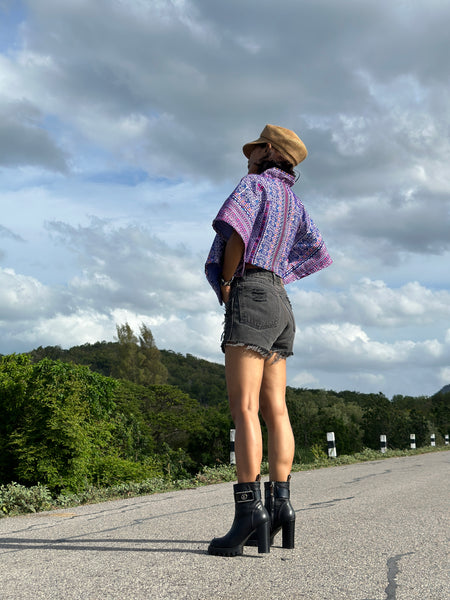 Purple kimono style top, crop top, cross front top, embroidered top, original hill tribe fabric, upcycled fabric design, loose fit boho top