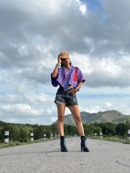 Purple kimono style top, crop top, cross front top, embroidered top, original hill tribe fabric, upcycled fabric design, loose fit boho top