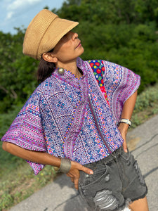 Purple kimono style top, crop top, cross front top, embroidered top, original hill tribe fabric, upcycled fabric design, loose fit boho top