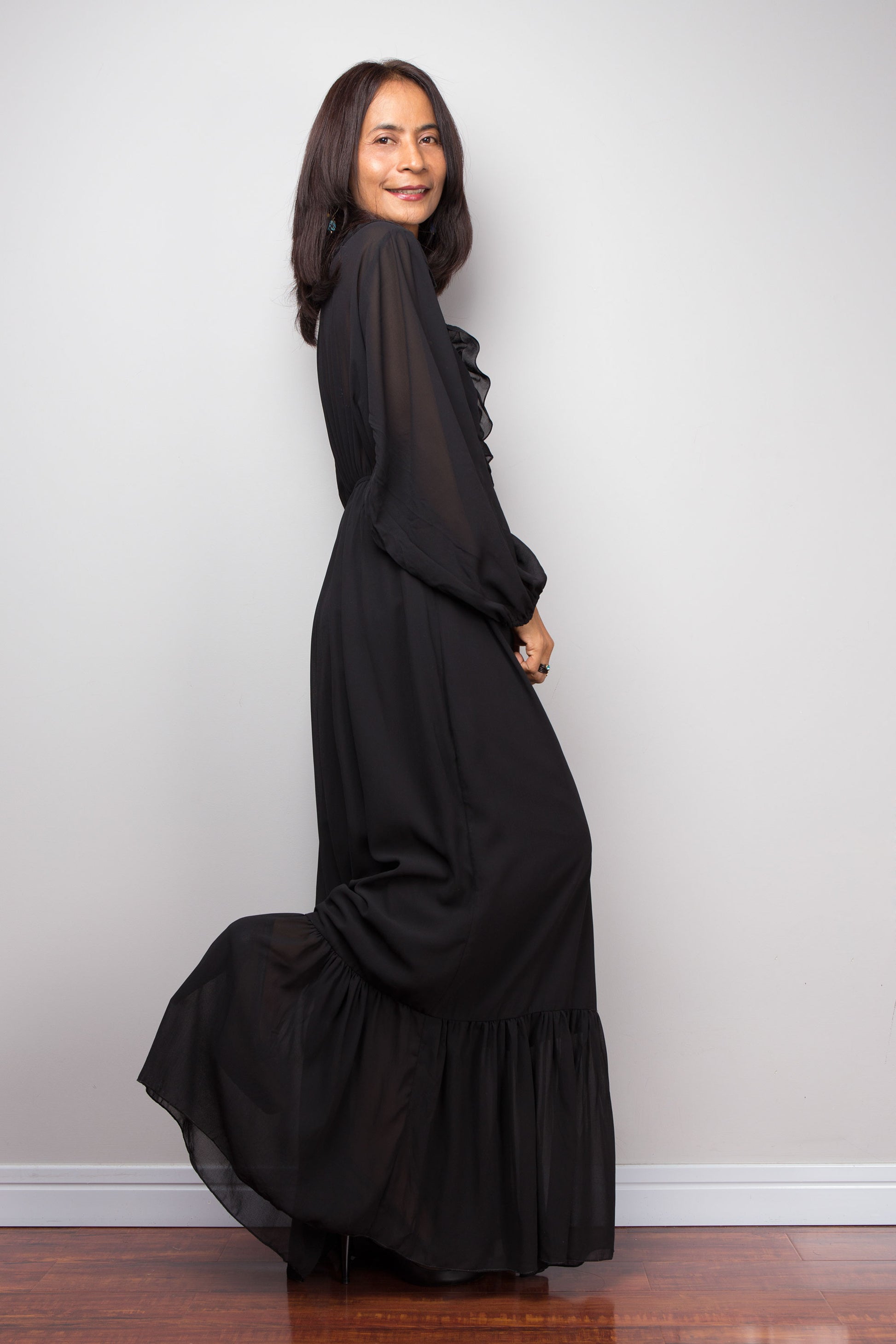 black chiffon maxi dress with sleeves Deep V Neck Floor Length Chiffon Long Sleeve A-Line Wedding Party Dress
