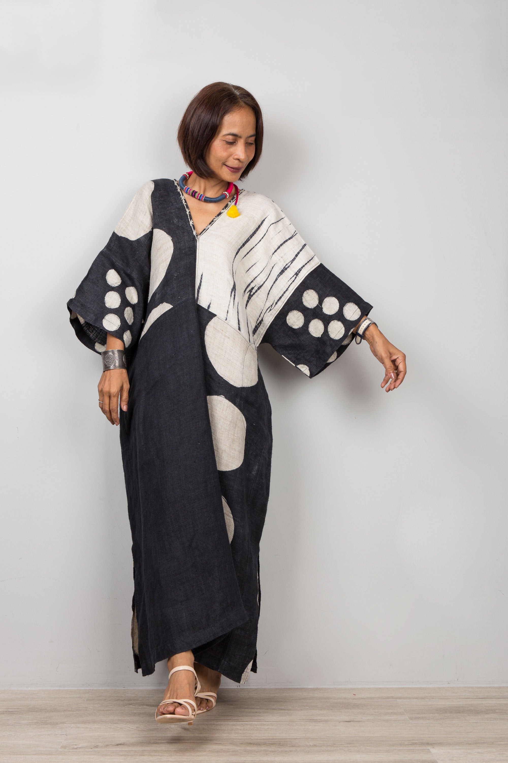 Polka dot kaftan dress | Black hemp dress by Nuichan