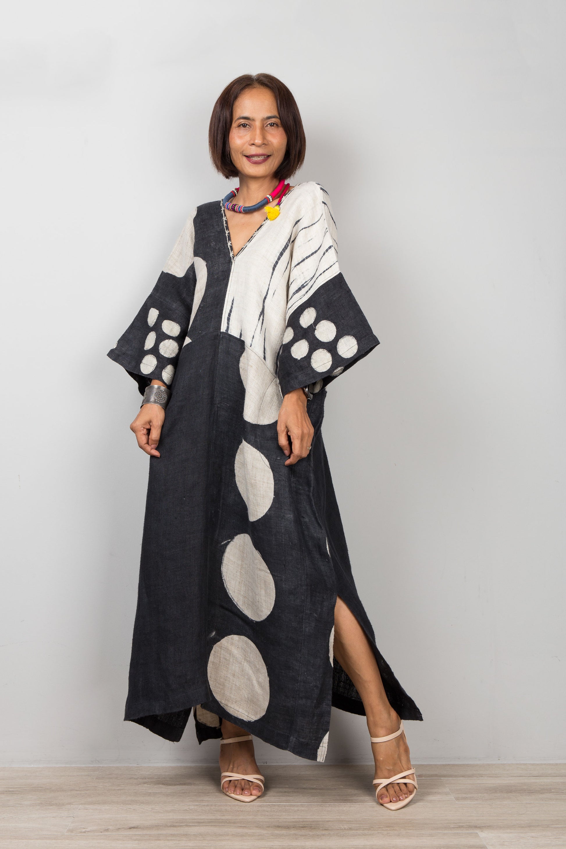 Black Hemp Kaftan Dress with Patchwork
