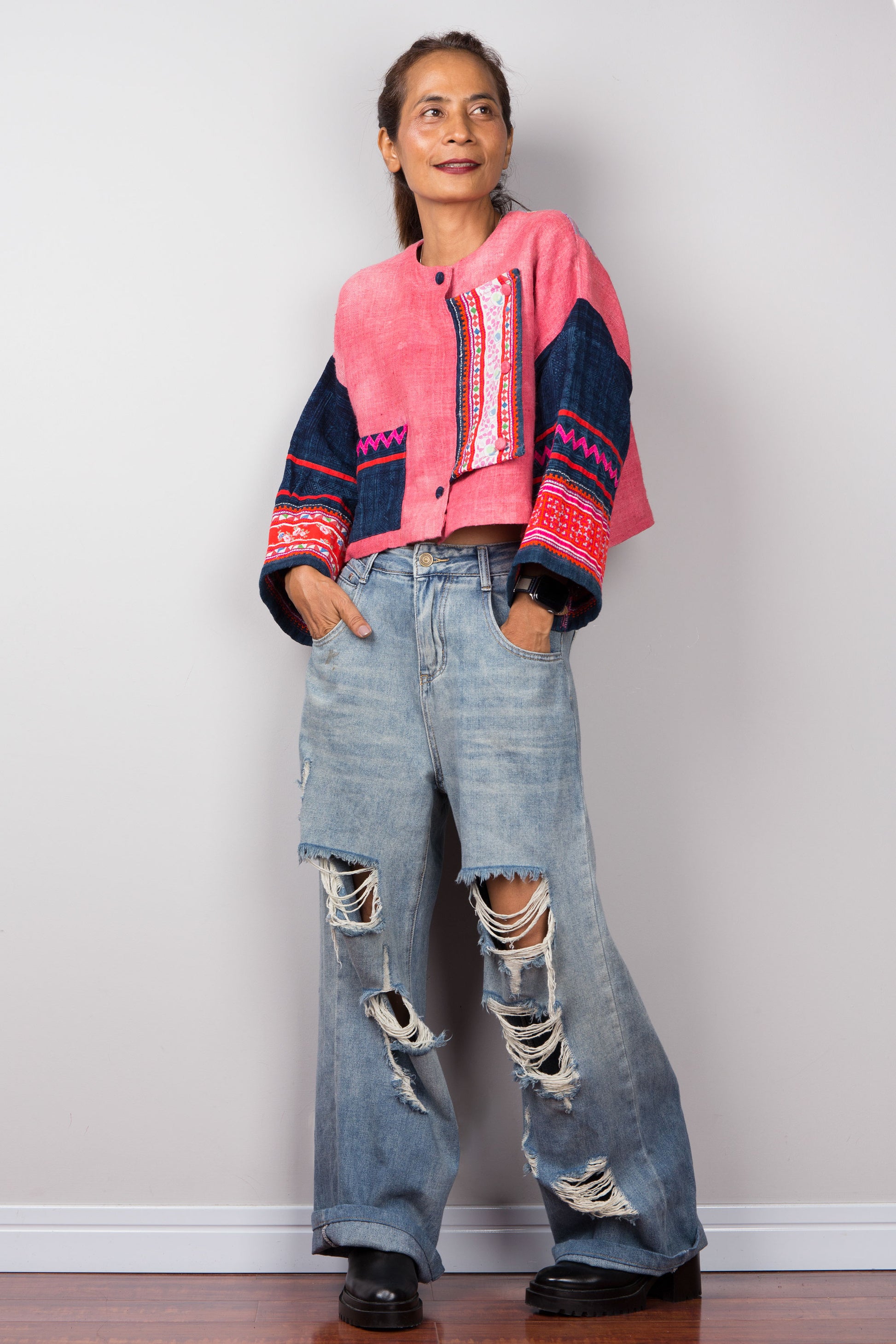 Pink hemp jacket with hill tribe embroidered fabric sleeves