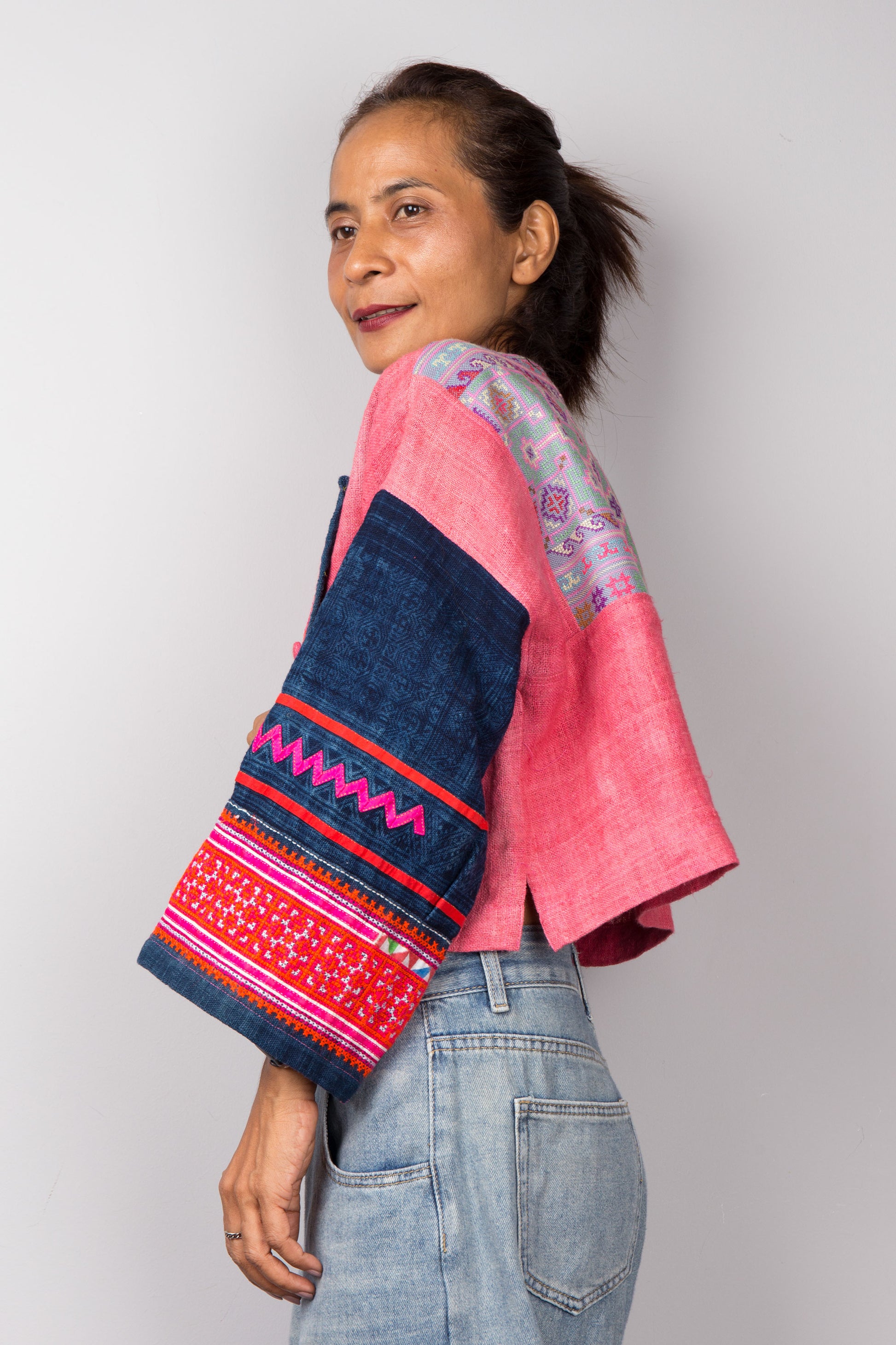 Side view - Pink hemp jacket with hill tribe fabric sleeves
