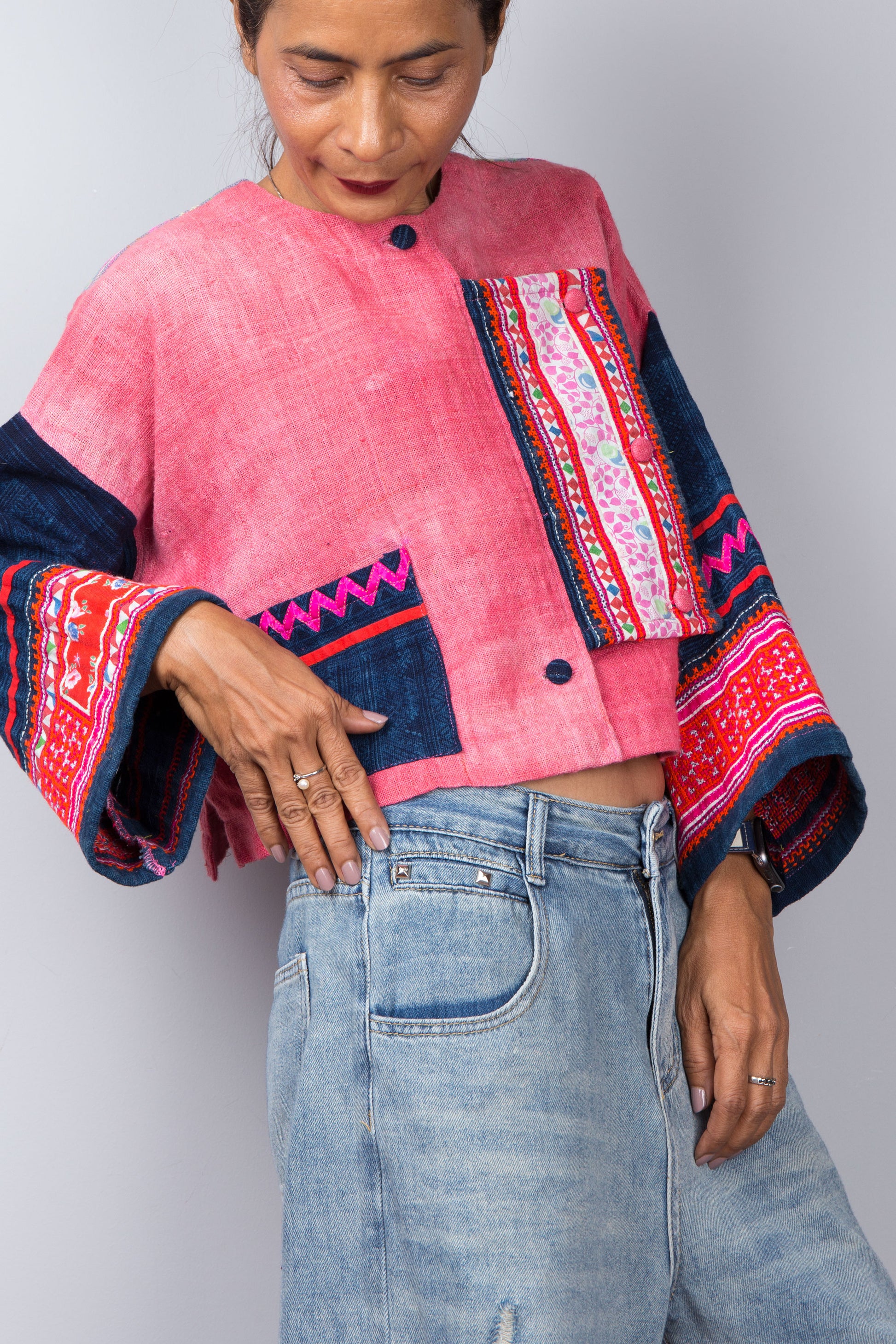 Pink handwoven hemp blouse jacket by Nuichan