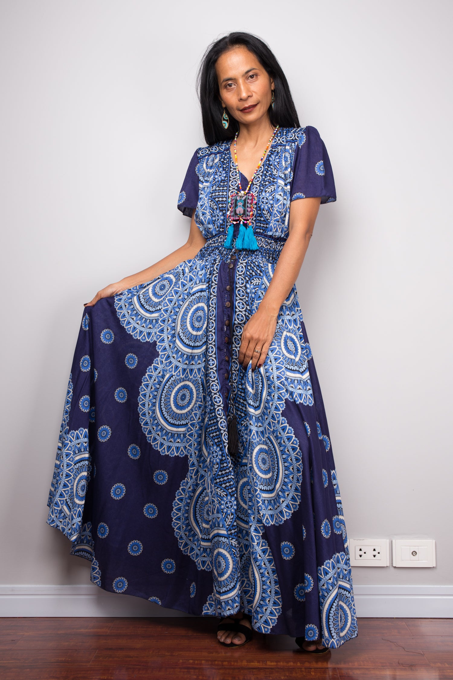 Blue Rayon Button-Down Dress & Duster