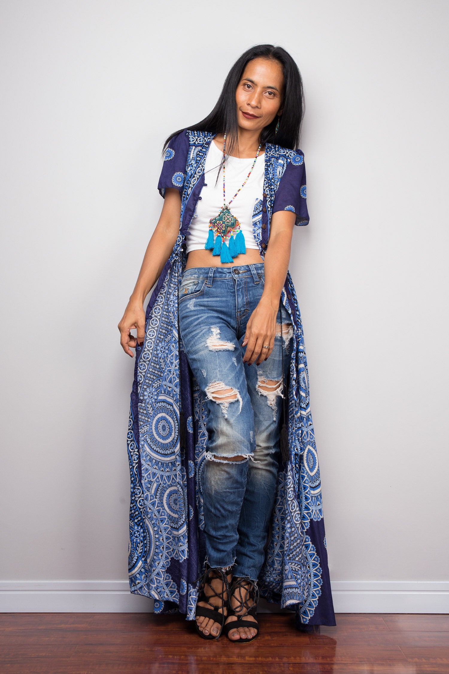 Blue Rayon Button-Down Dress & Duster