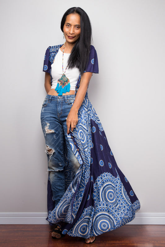 Blue Rayon Button-Down Dress worn fully open as a lightweight boho duster over a simple top and trousers