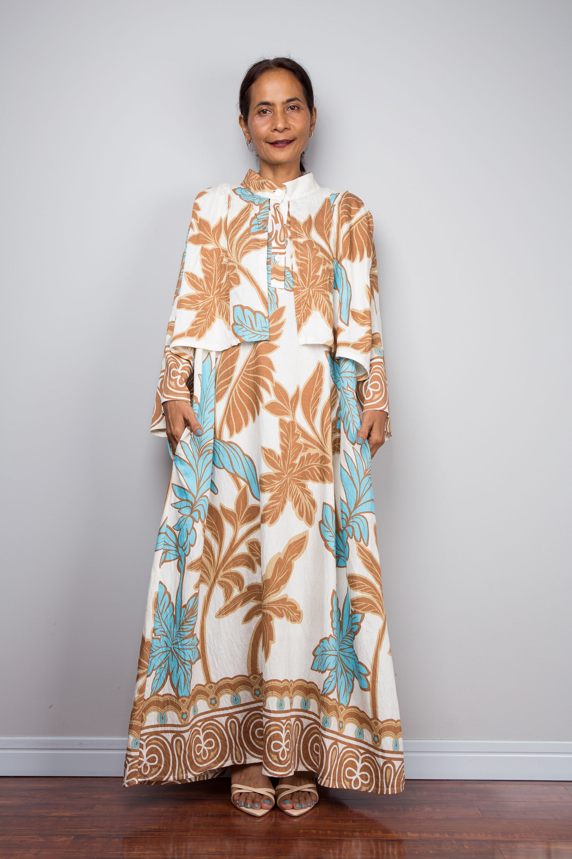 Tropical Print Kaftan Maxi Dress with Capelet