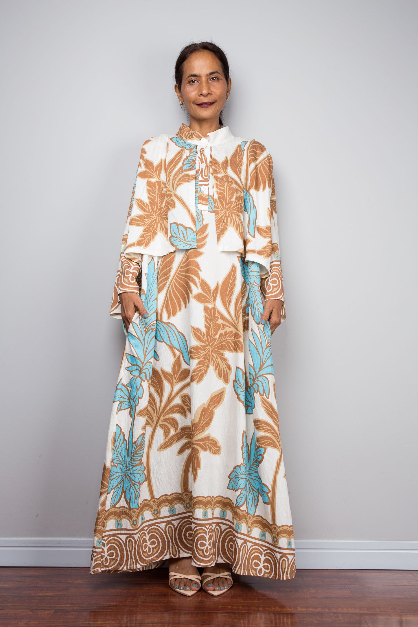 Off White Tropical Print Kaftan Maxi Dress with Capelet
