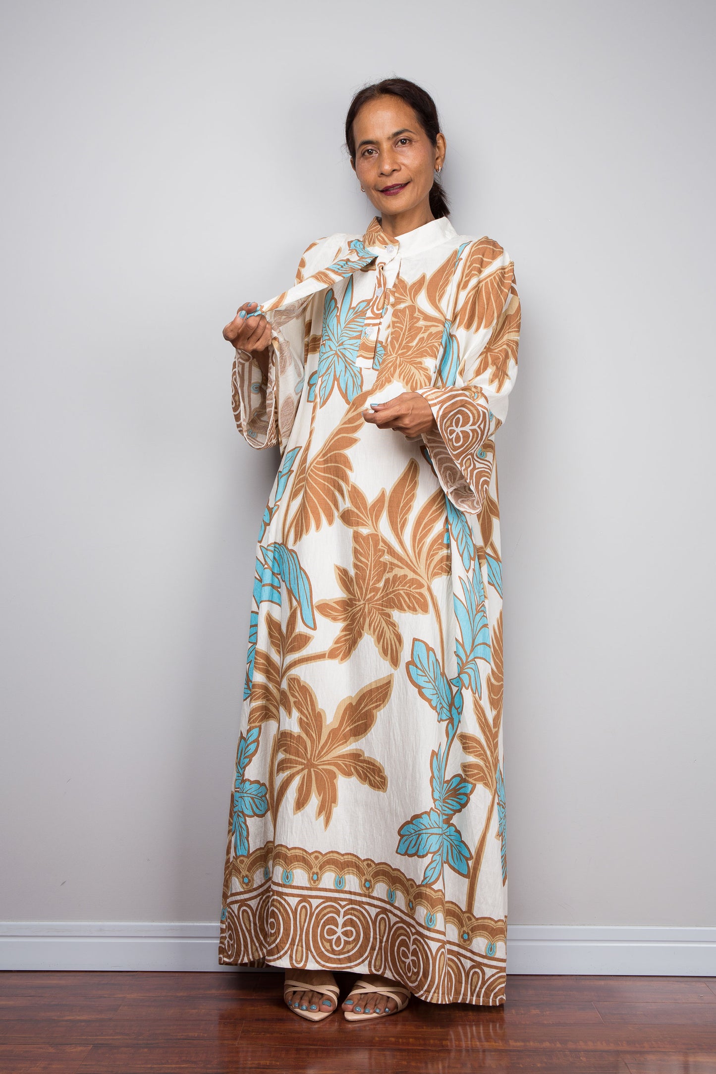 Off White Tropical Print Kaftan Maxi Dress with Capelet