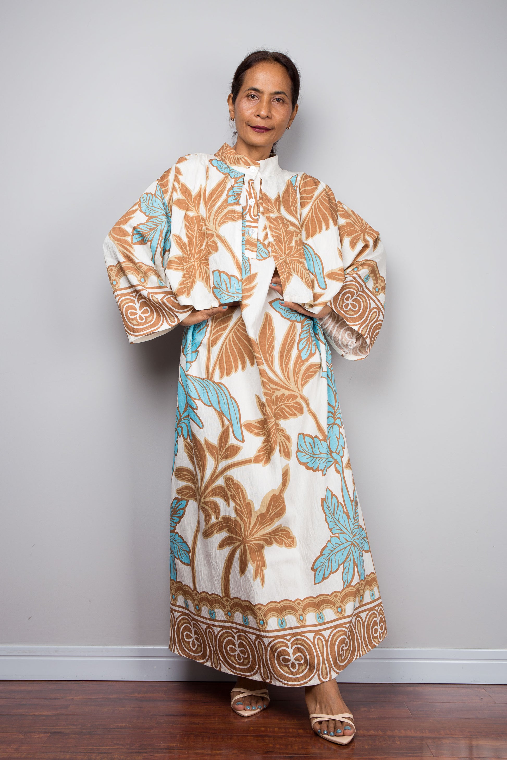 Tropical Print Kaftan Maxi Dress with Capelet