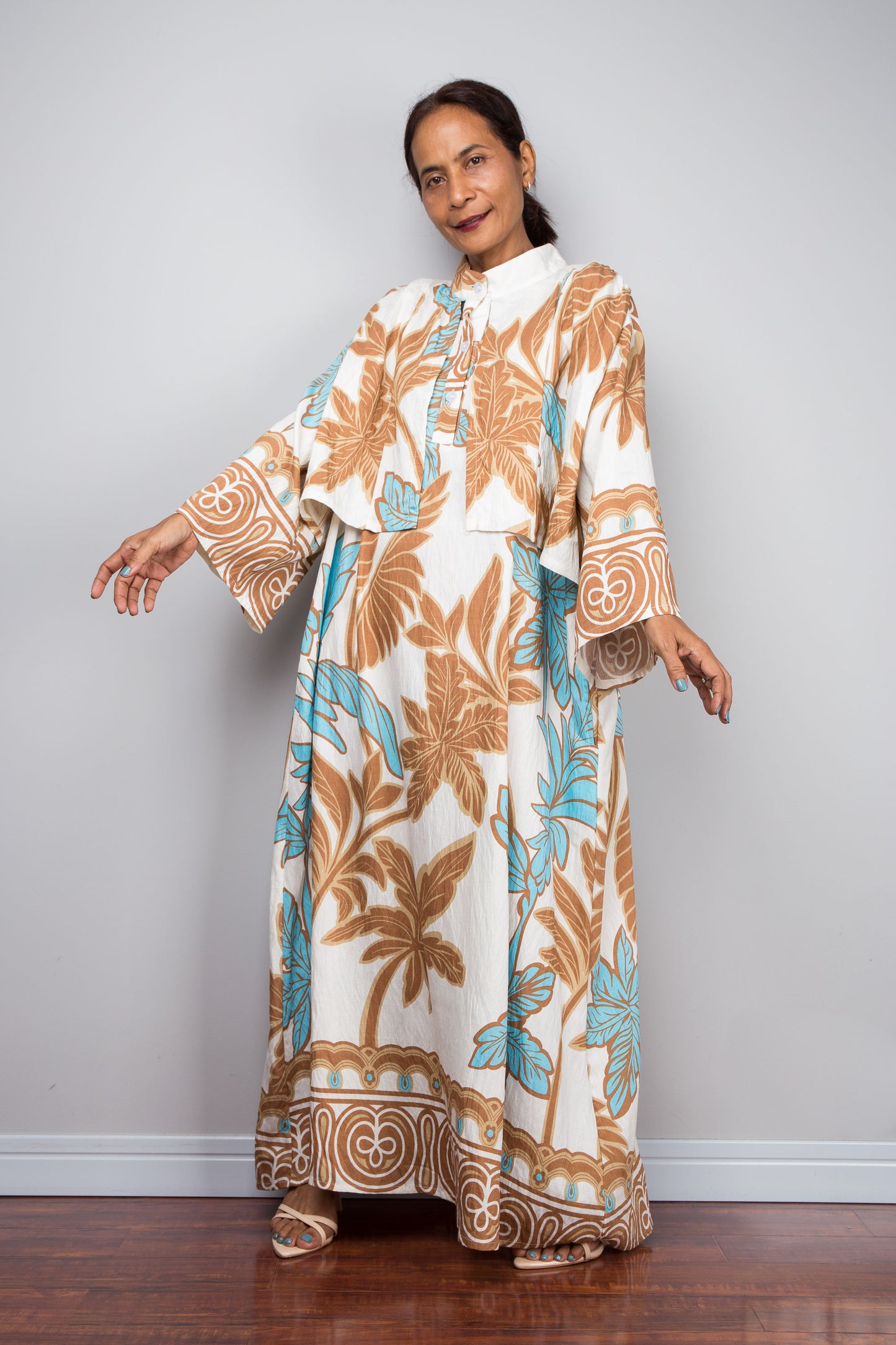 Off White Tropical Print Kaftan Maxi Dress with Capelet