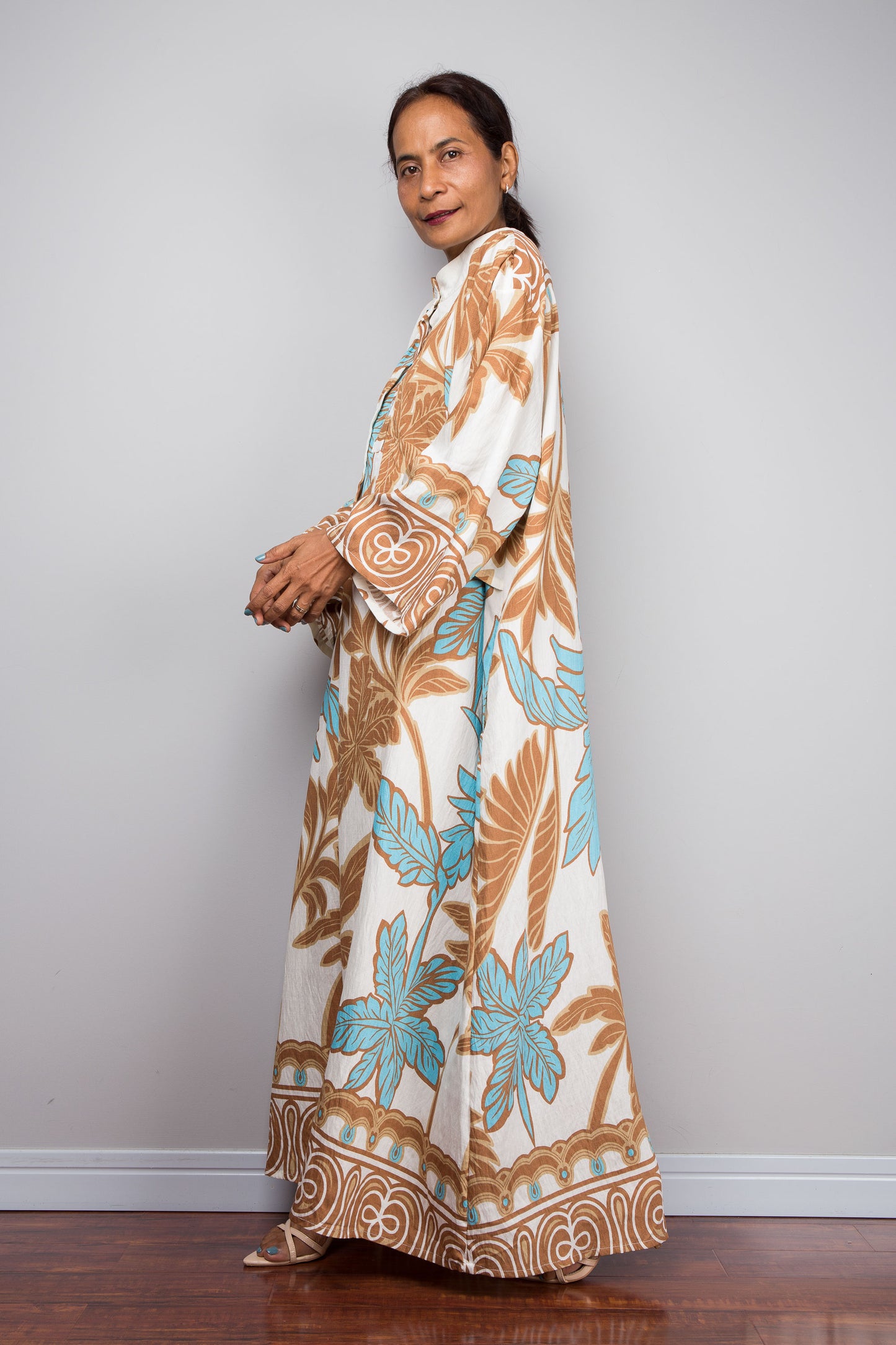 Off White Tropical Print Kaftan Maxi Dress with Capelet