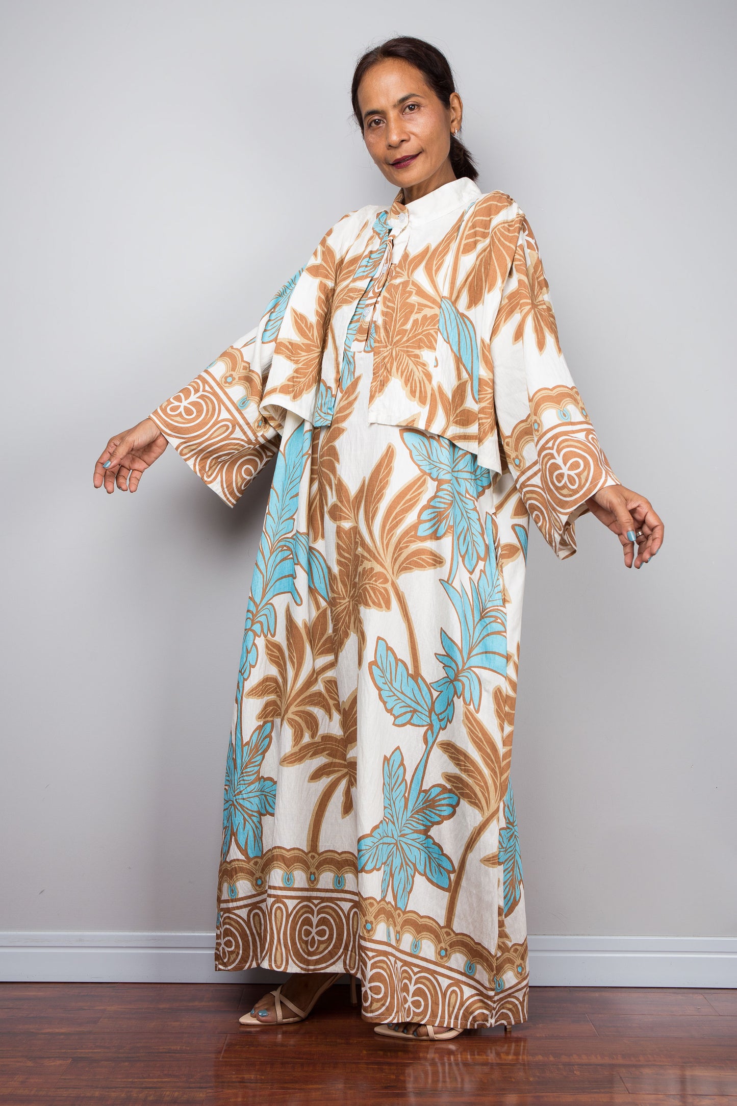 Off White Tropical Print Kaftan Maxi Dress with Capelet
