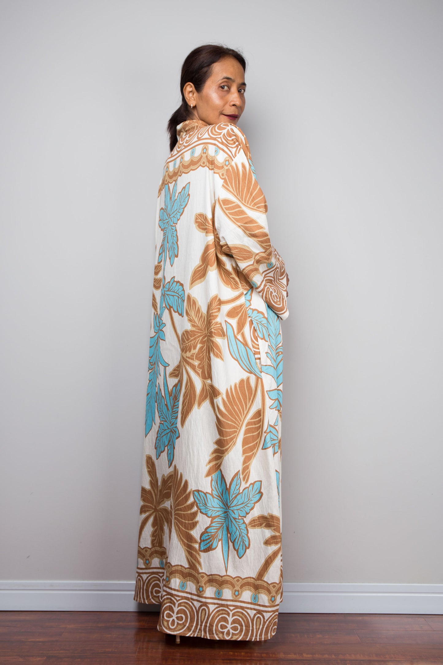 Off White Tropical Print Kaftan Maxi Dress with Capelet