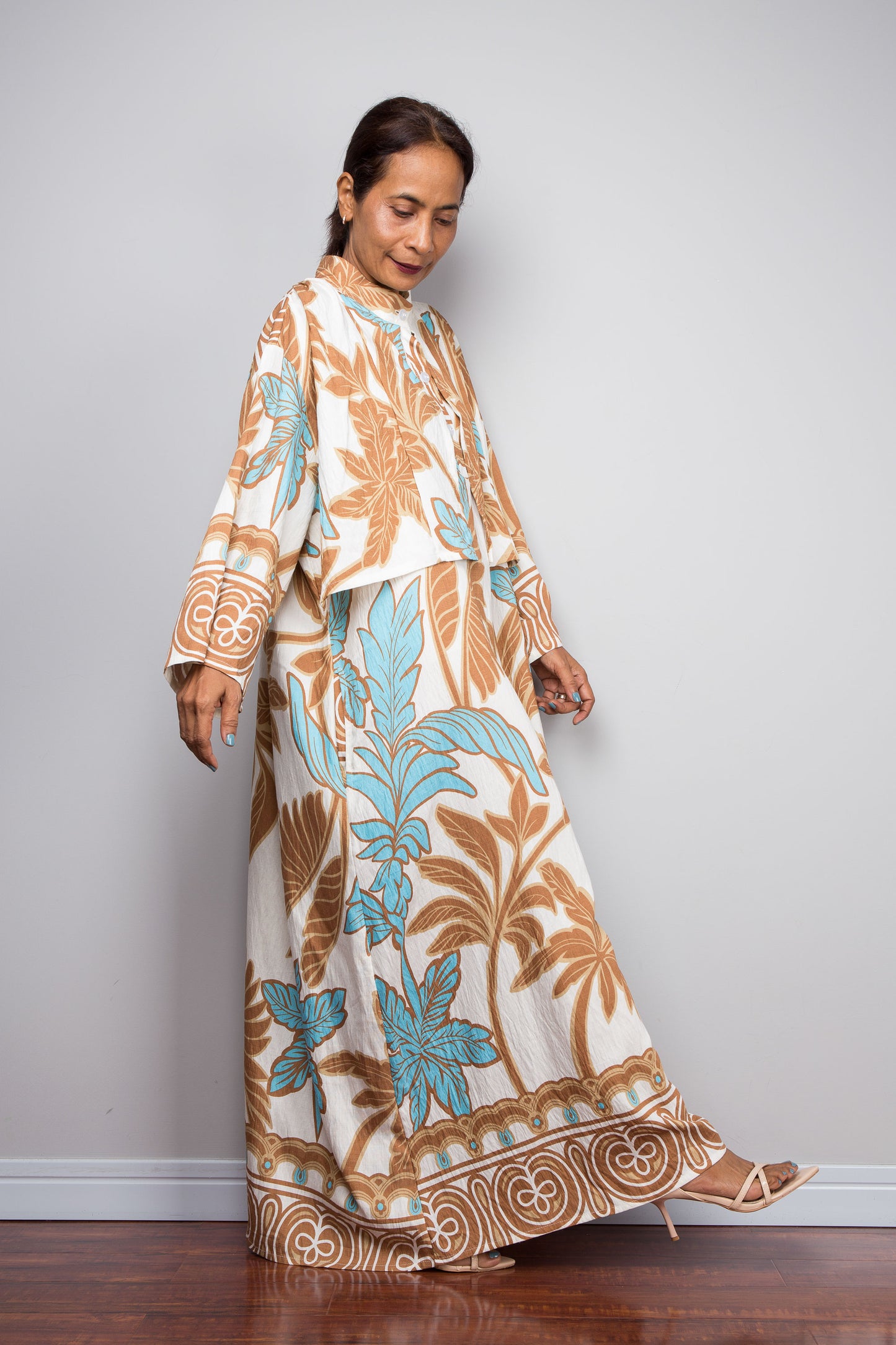 Off White Tropical Print Kaftan Maxi Dress with Capelet