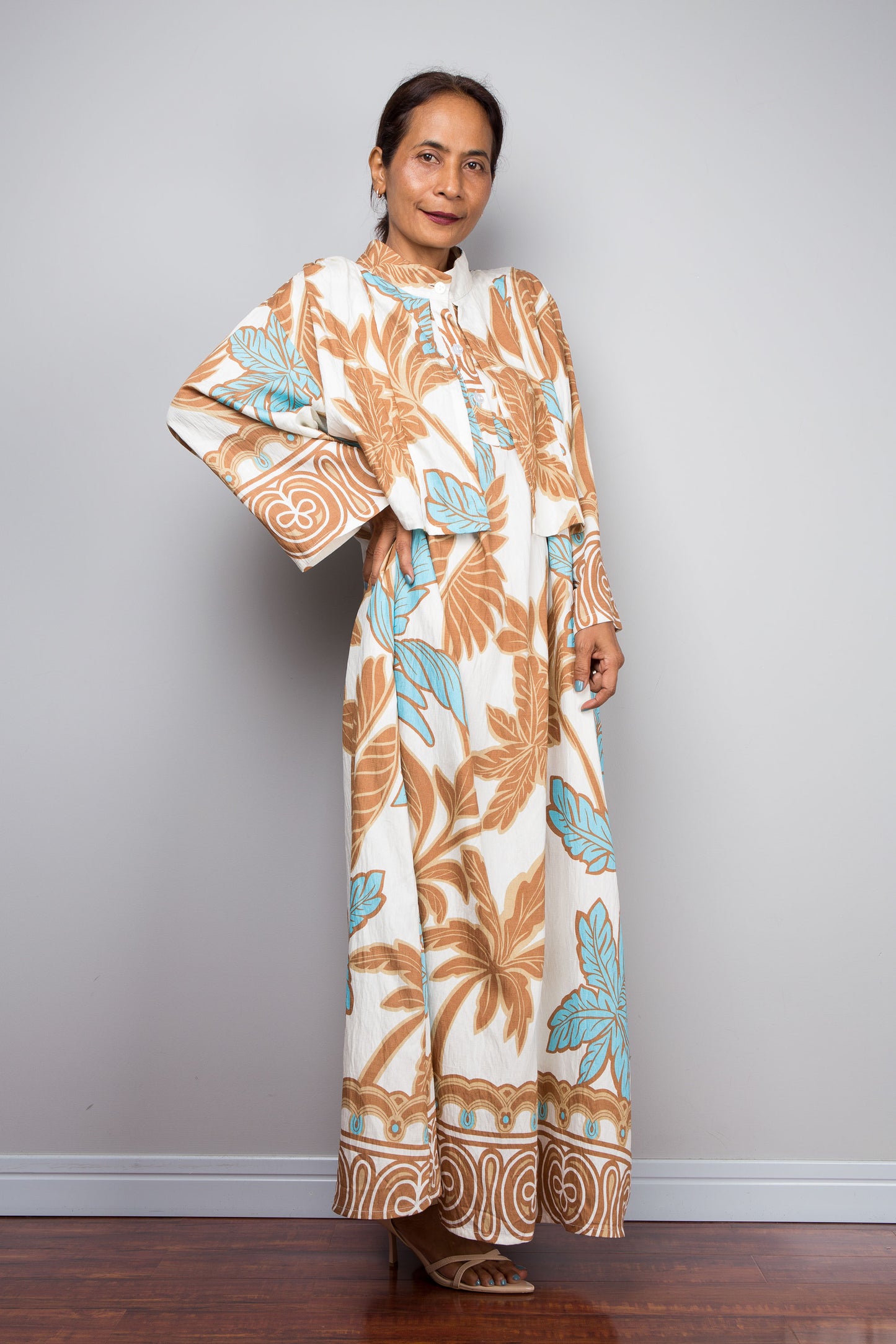 Off White Tropical Print Kaftan Maxi Dress with Capelet