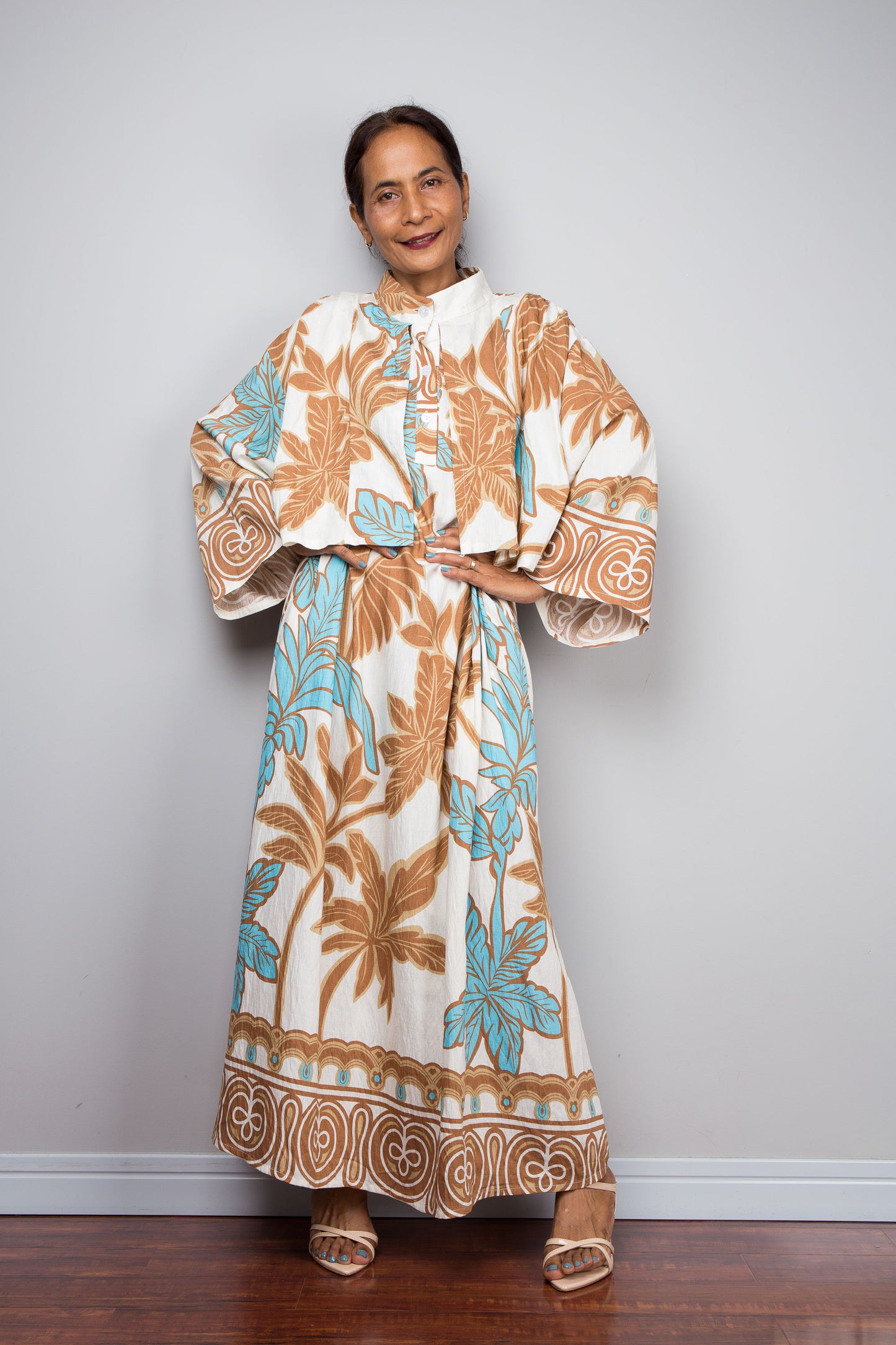 Off White Tropical Print Kaftan Maxi Dress with Capelet