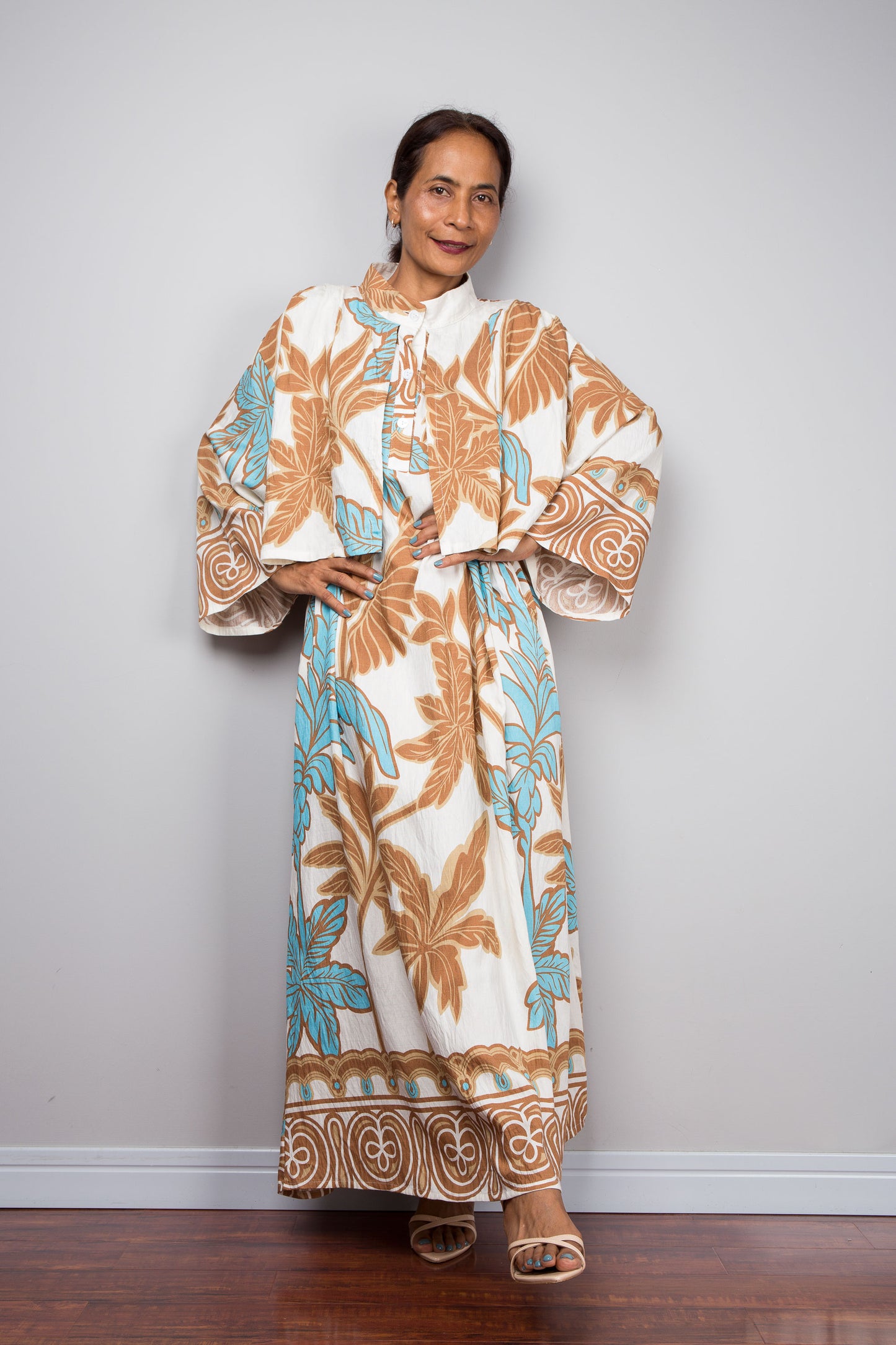 Off White Tropical Print Kaftan Maxi Dress with Capelet