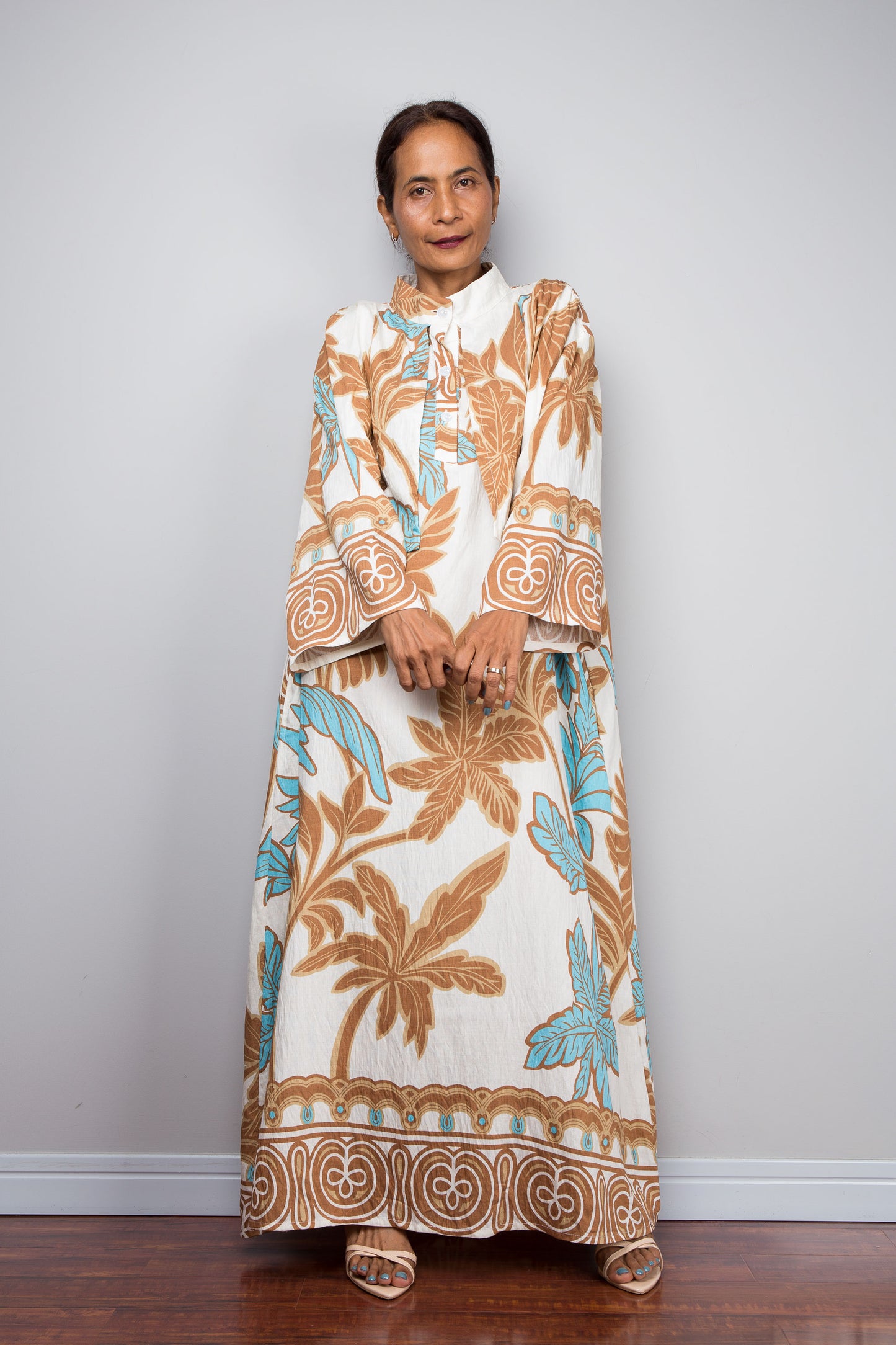 Off White Tropical Print Kaftan Maxi Dress with Capelet