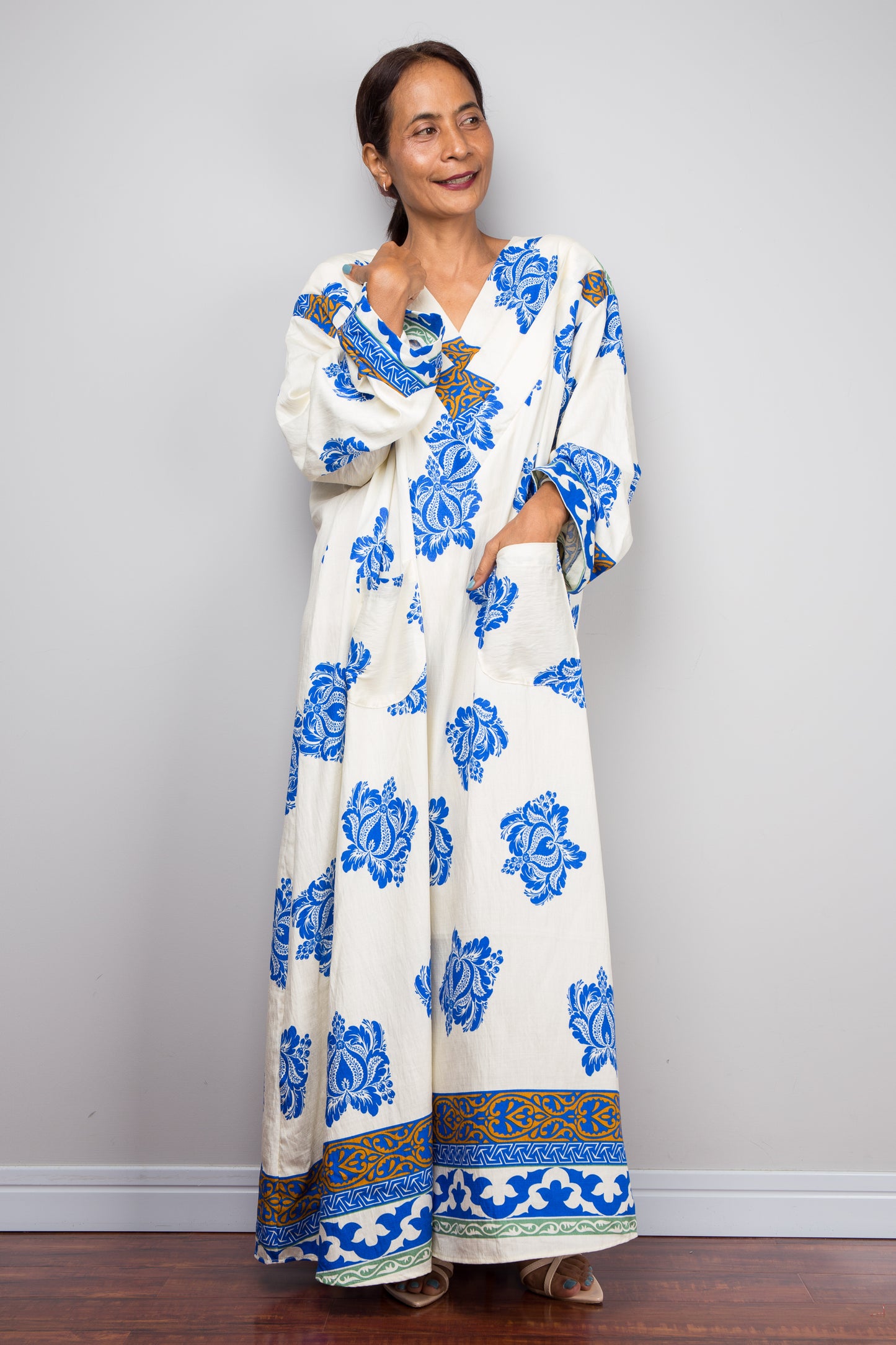 Bohemian Blue & Cream Caftan Dress – Bold Floral Kaftan