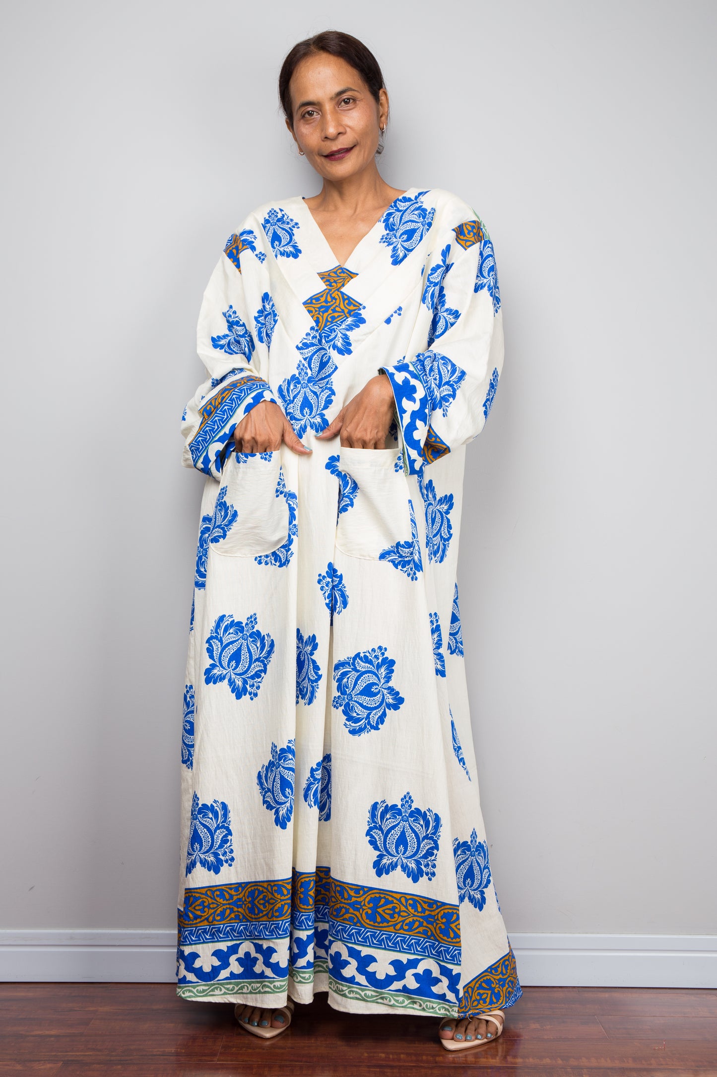 Bohemian Blue & Cream Caftan Dress – Bold Floral Kaftan
