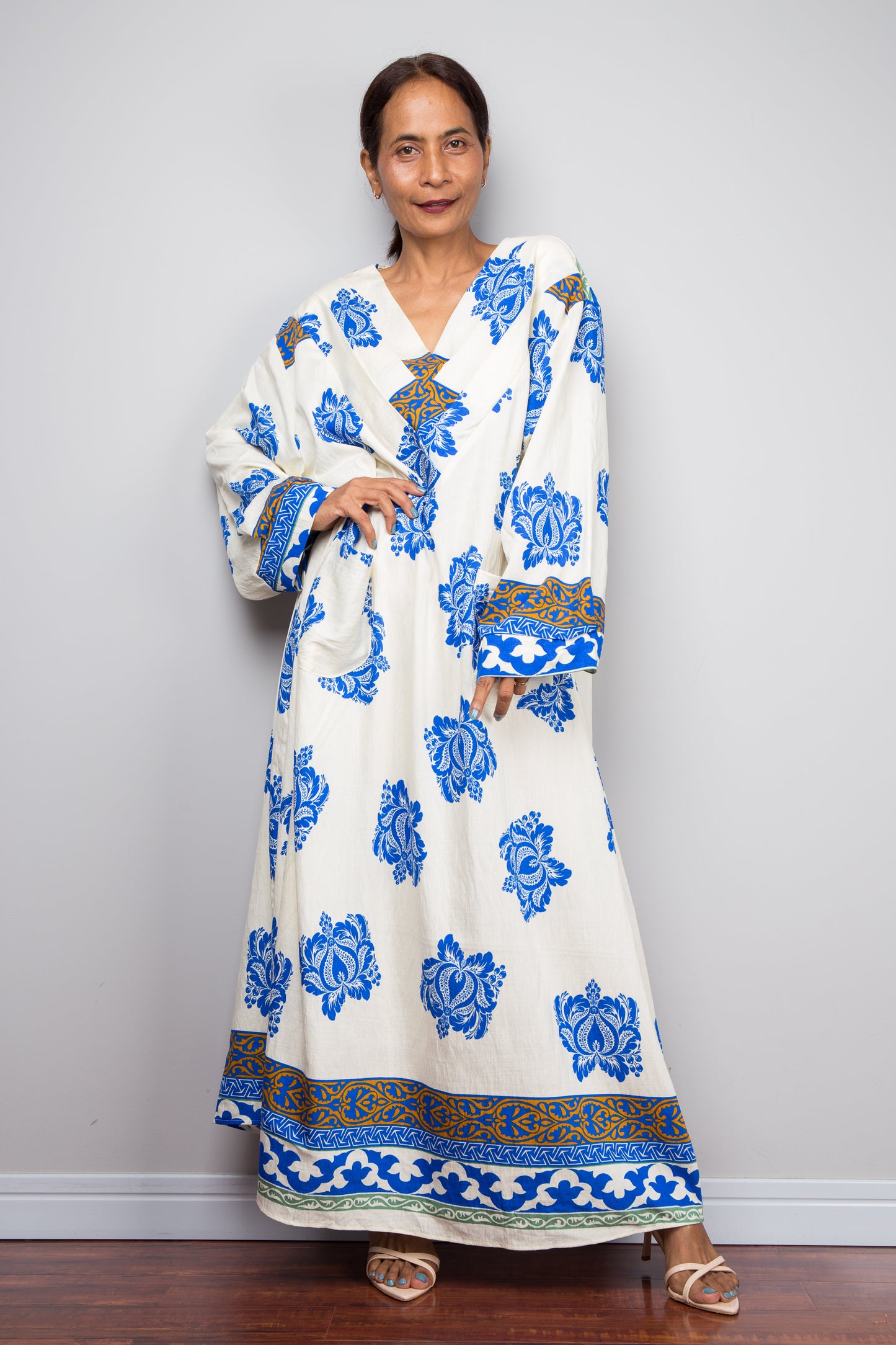 Bohemian Blue & Cream Caftan Dress – Bold Floral Kaftan