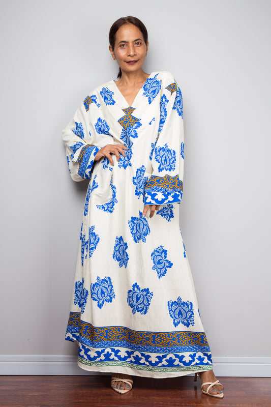 Bohemian Blue & Cream Caftan Dress – Bold Floral Kaftan