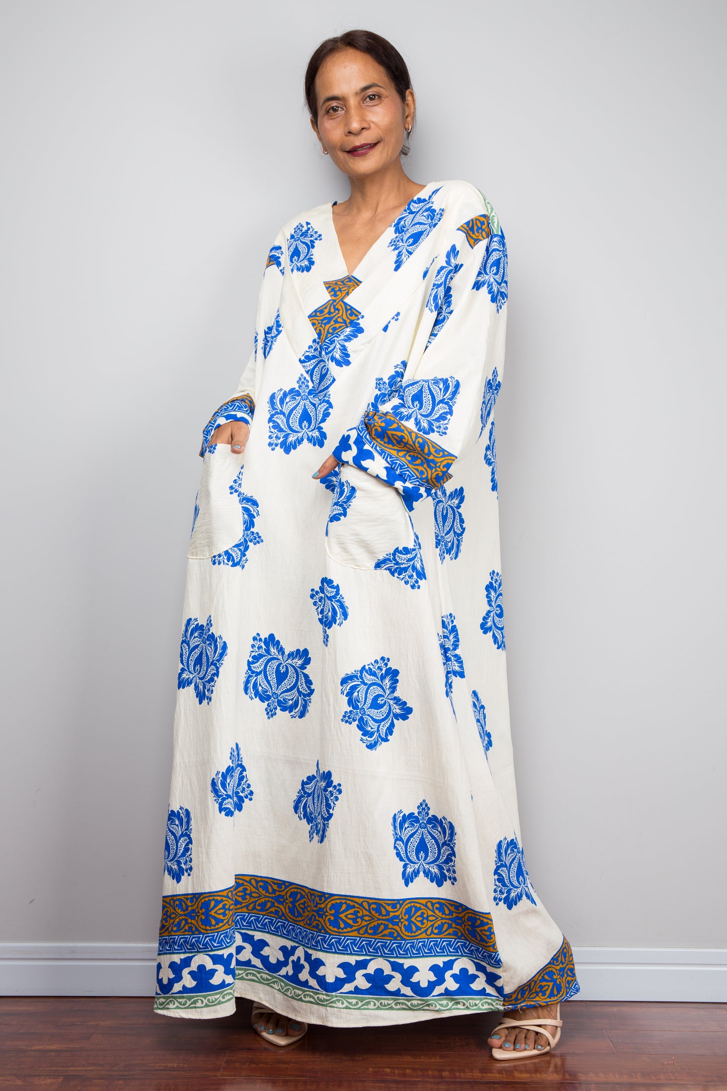 Bohemian Blue & Cream Caftan Dress – Bold Floral Kaftan