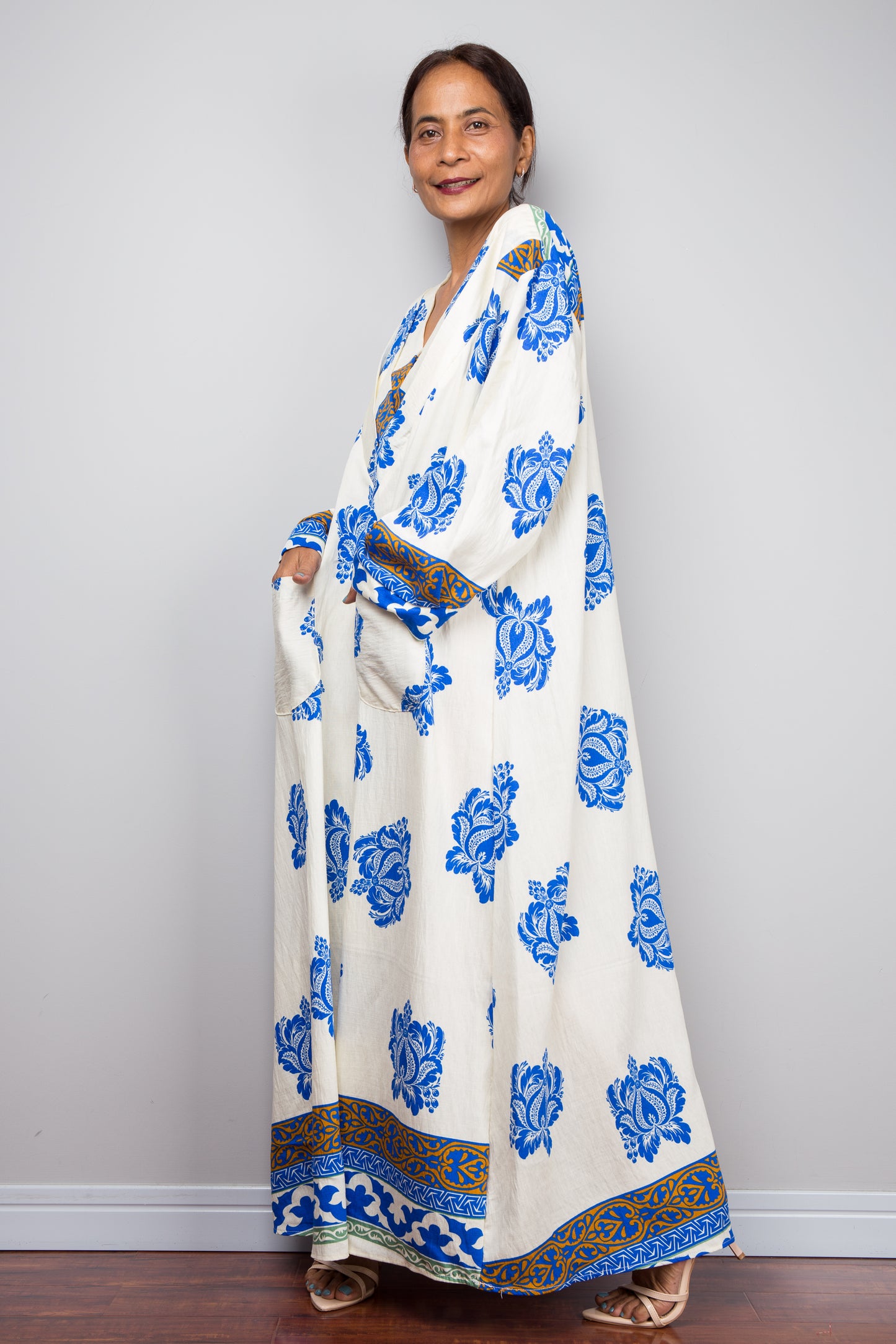 Bohemian Blue & Cream Caftan Dress – Bold Floral Kaftan