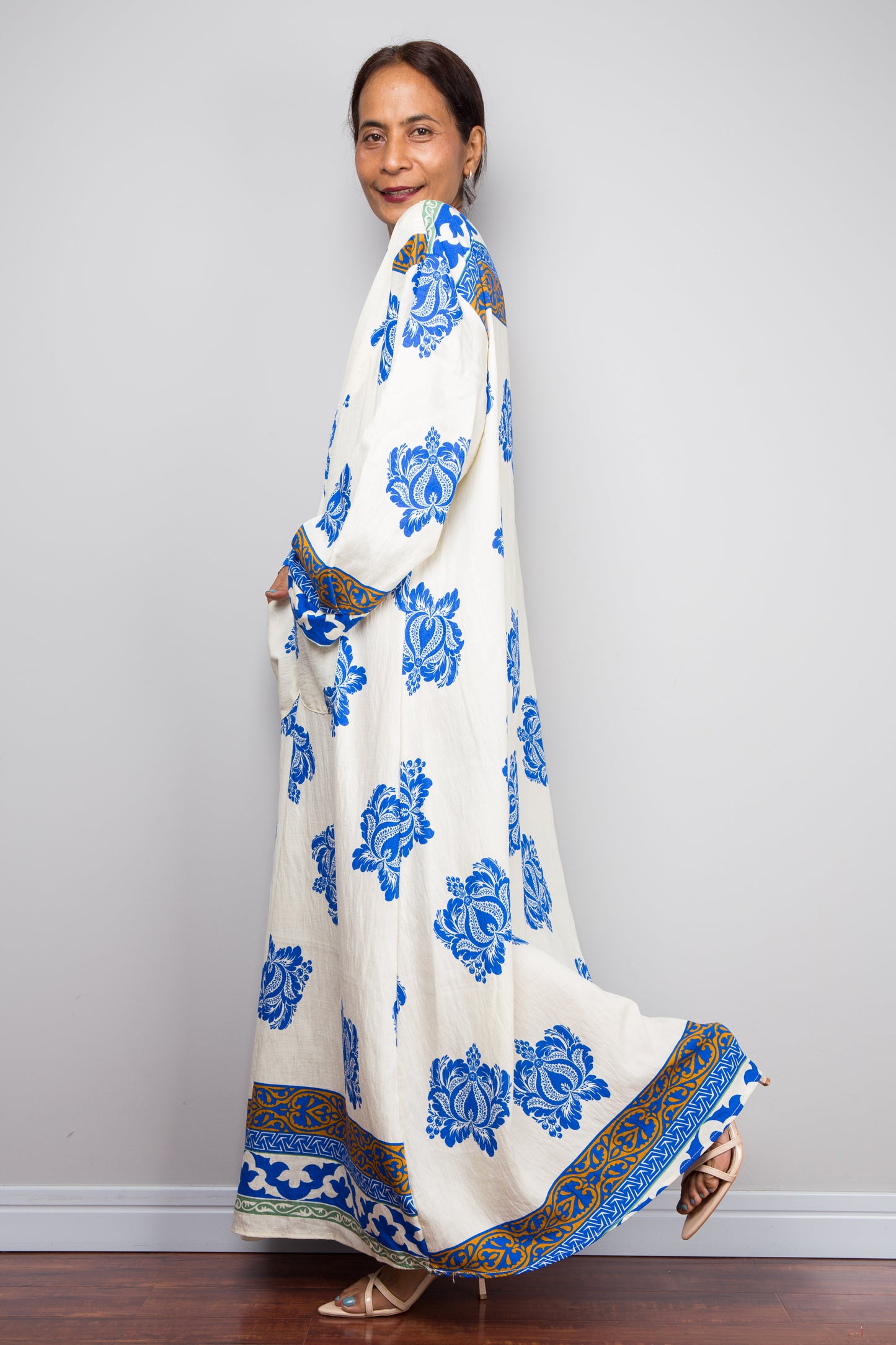 Bohemian Blue & Cream Caftan Dress – Bold Floral Kaftan