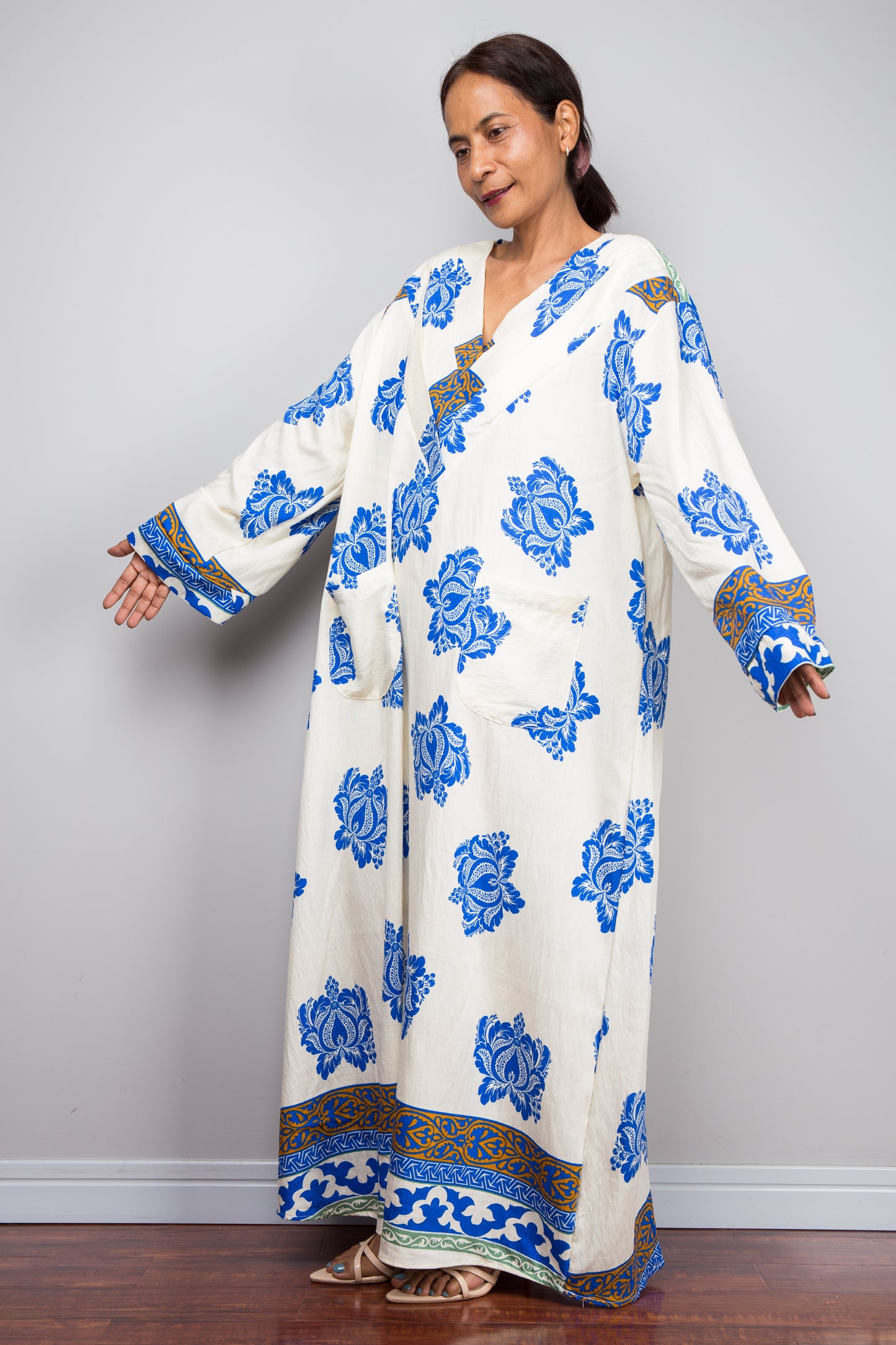Bohemian Blue & Cream Caftan Dress – Bold Floral Kaftan