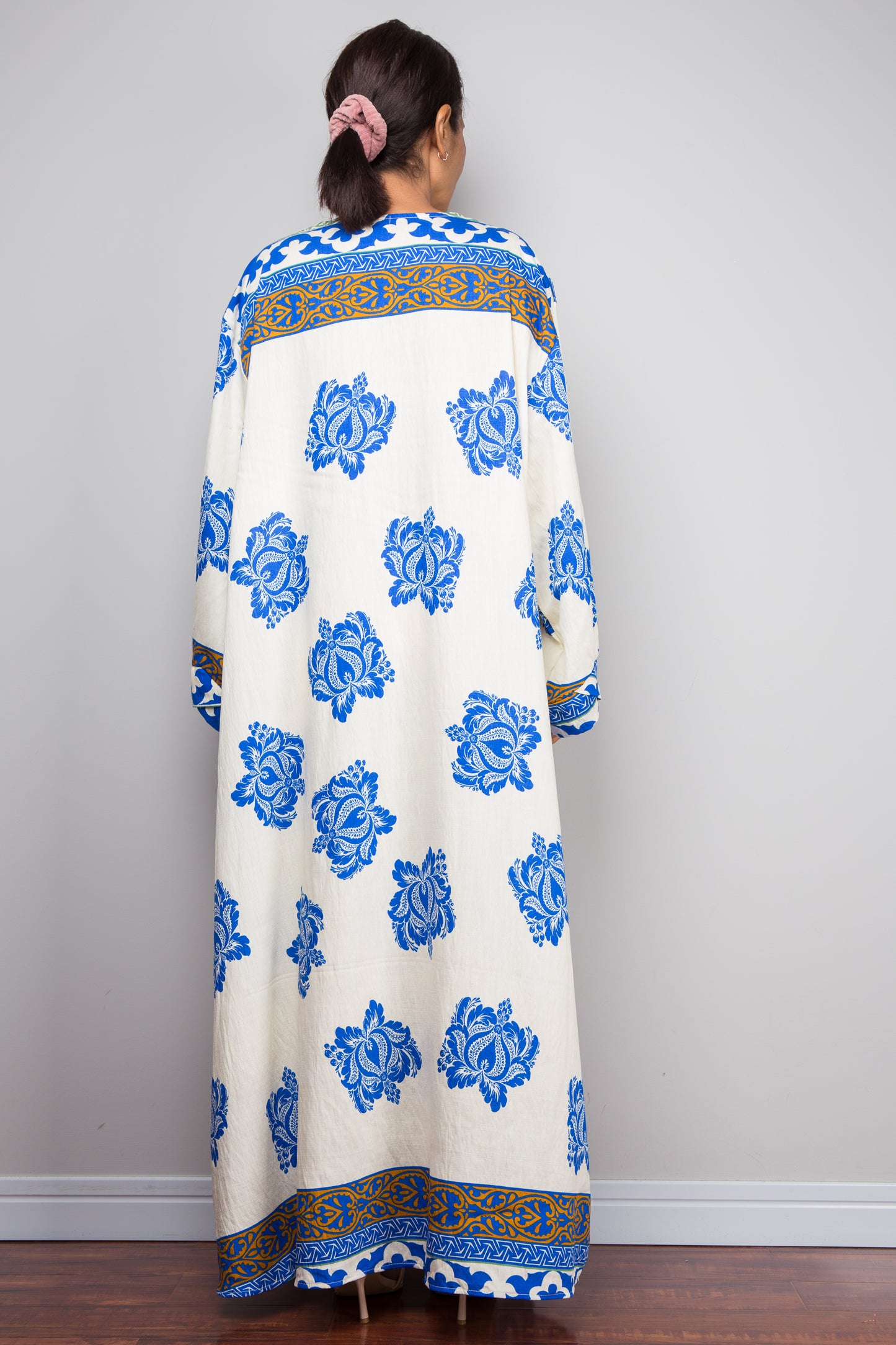 Bohemian Blue & Cream Caftan Dress – Bold Floral Kaftan