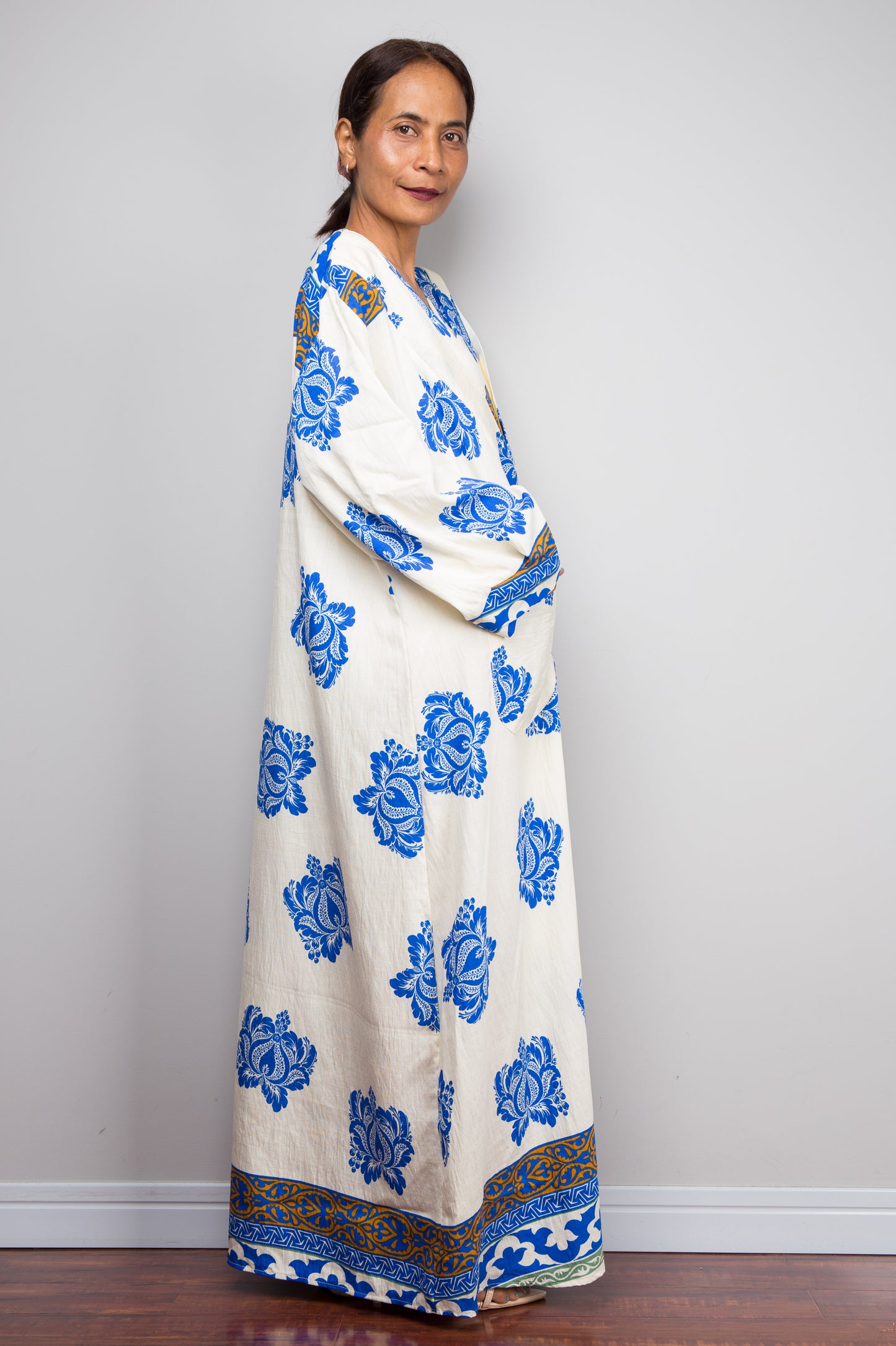 Bohemian Blue & Cream Caftan Dress – Bold Floral Kaftan