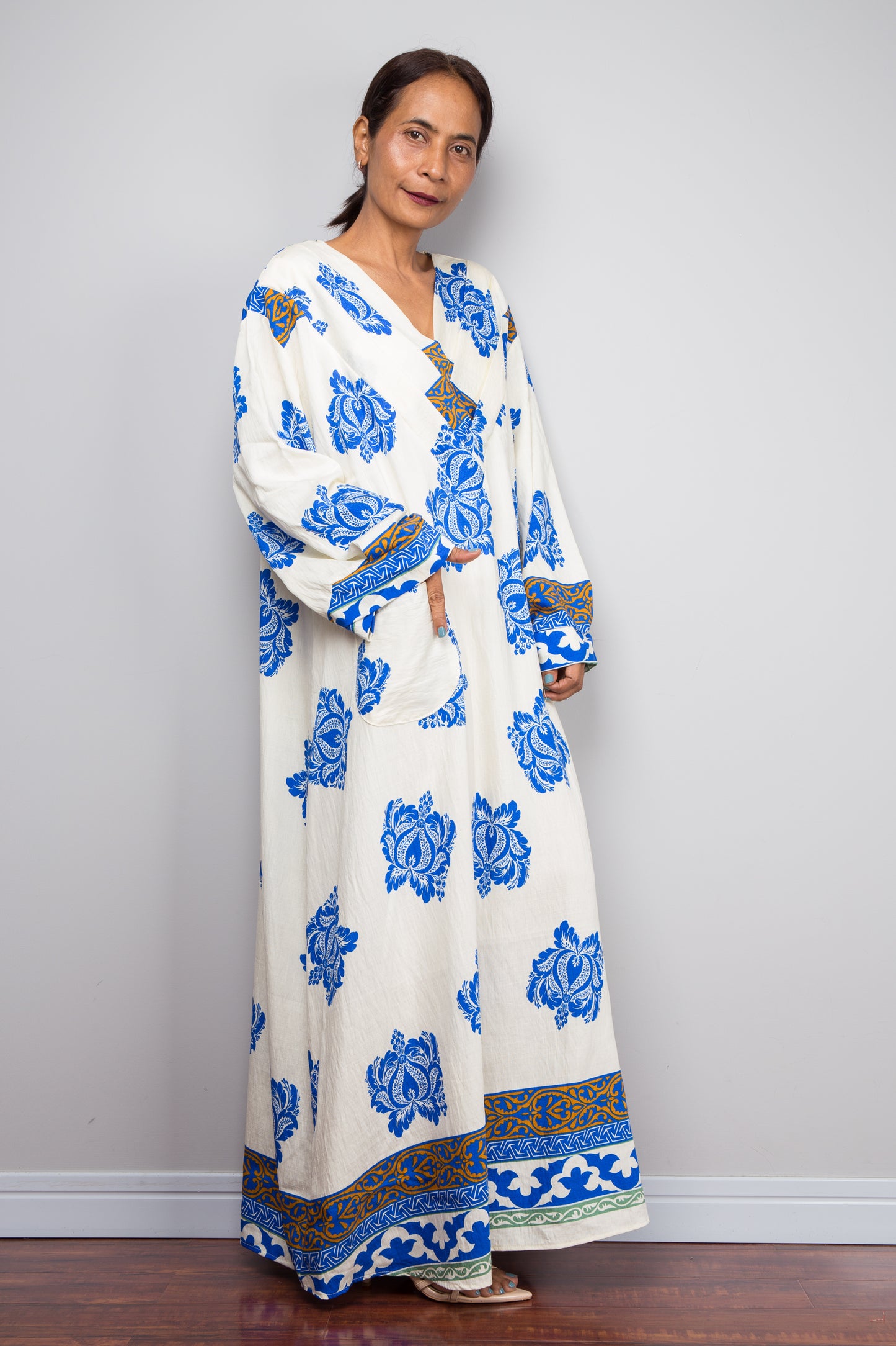 Bohemian Blue & Cream Caftan Dress – Bold Floral Kaftan
