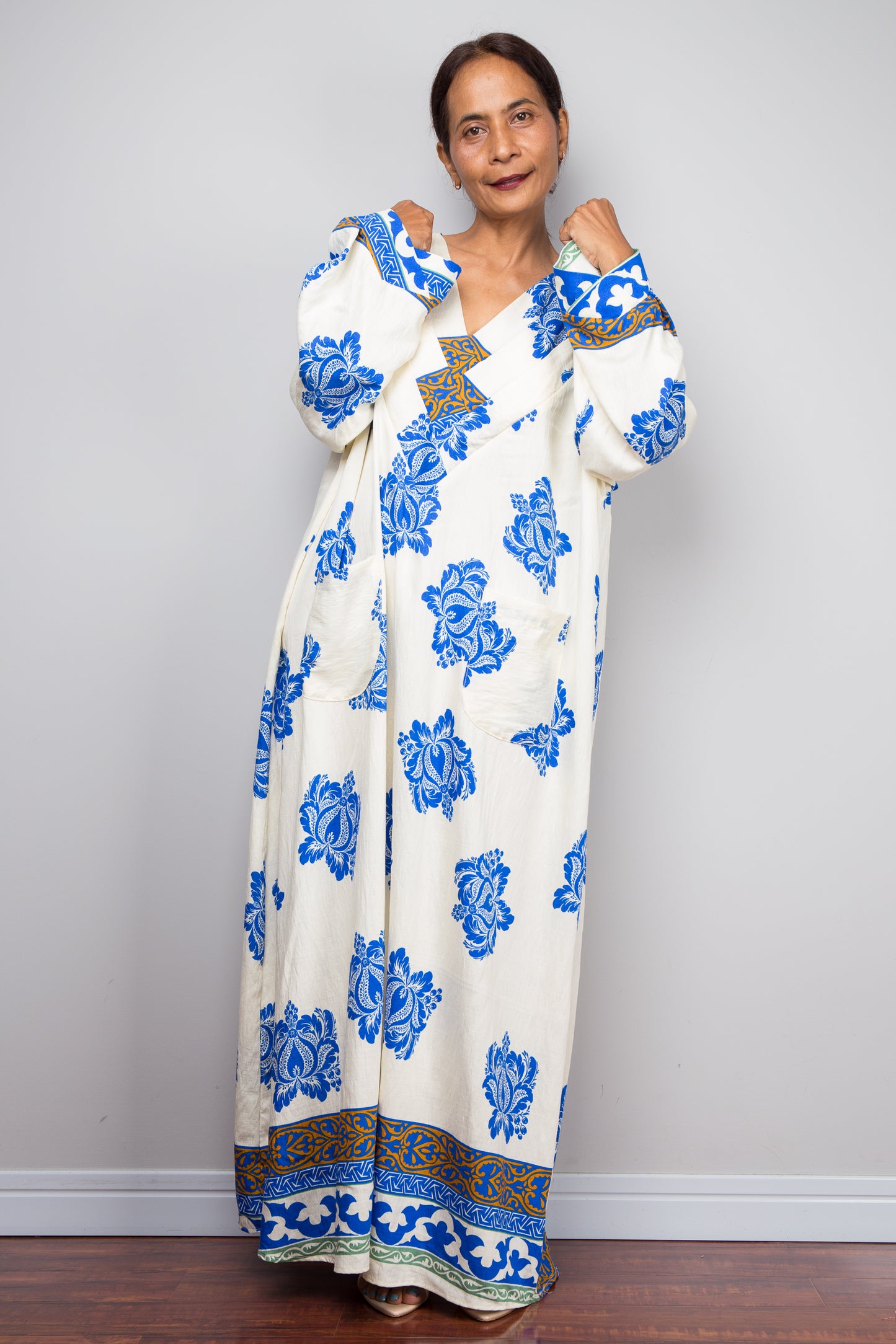 Bohemian Blue & Cream Caftan Dress – Bold Floral Kaftan